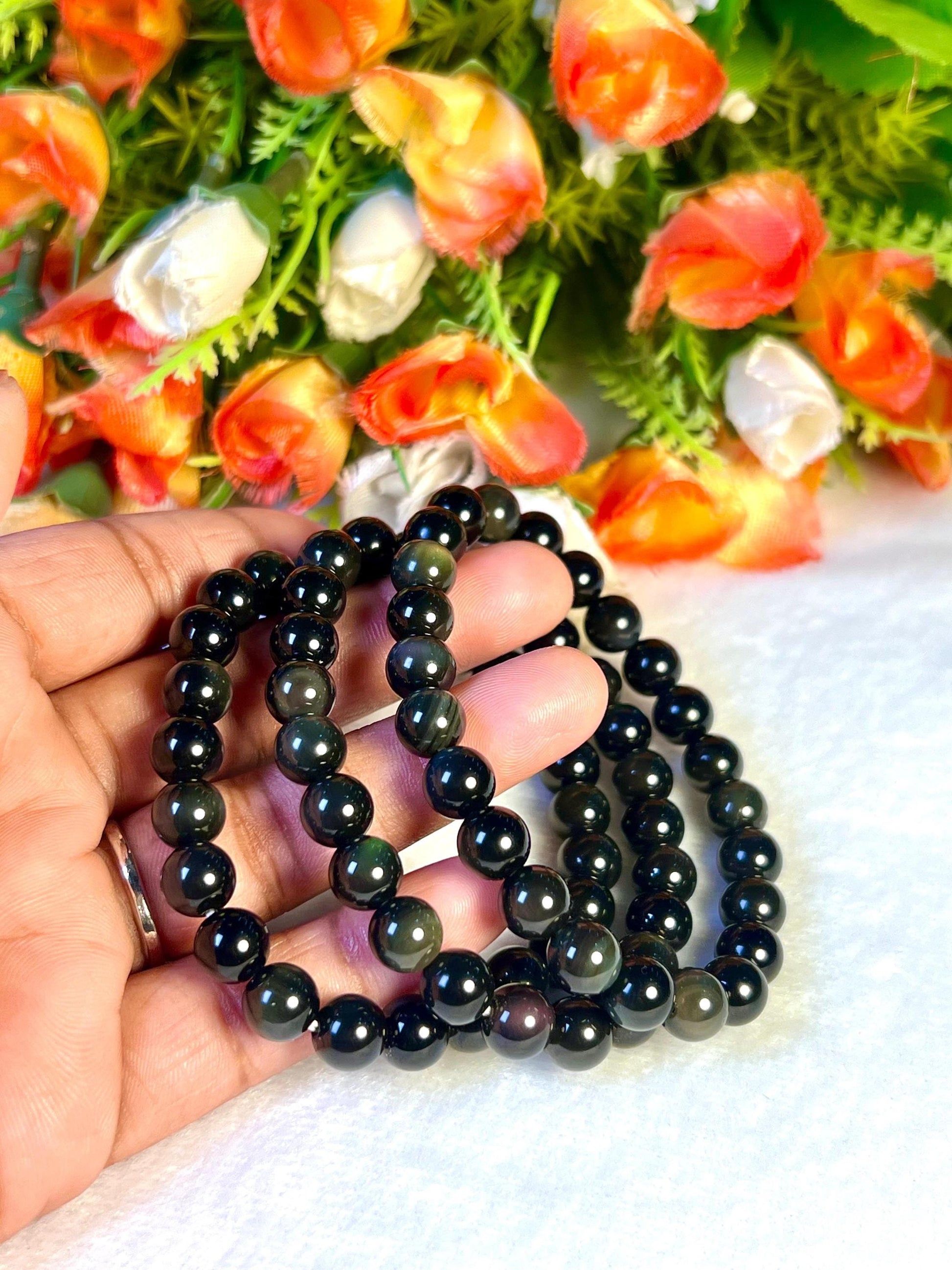 Rainbow Obsidian Stone Bracelet l Stretchable Bracelet l Unisex Bracelet l 8 MM Bracelet