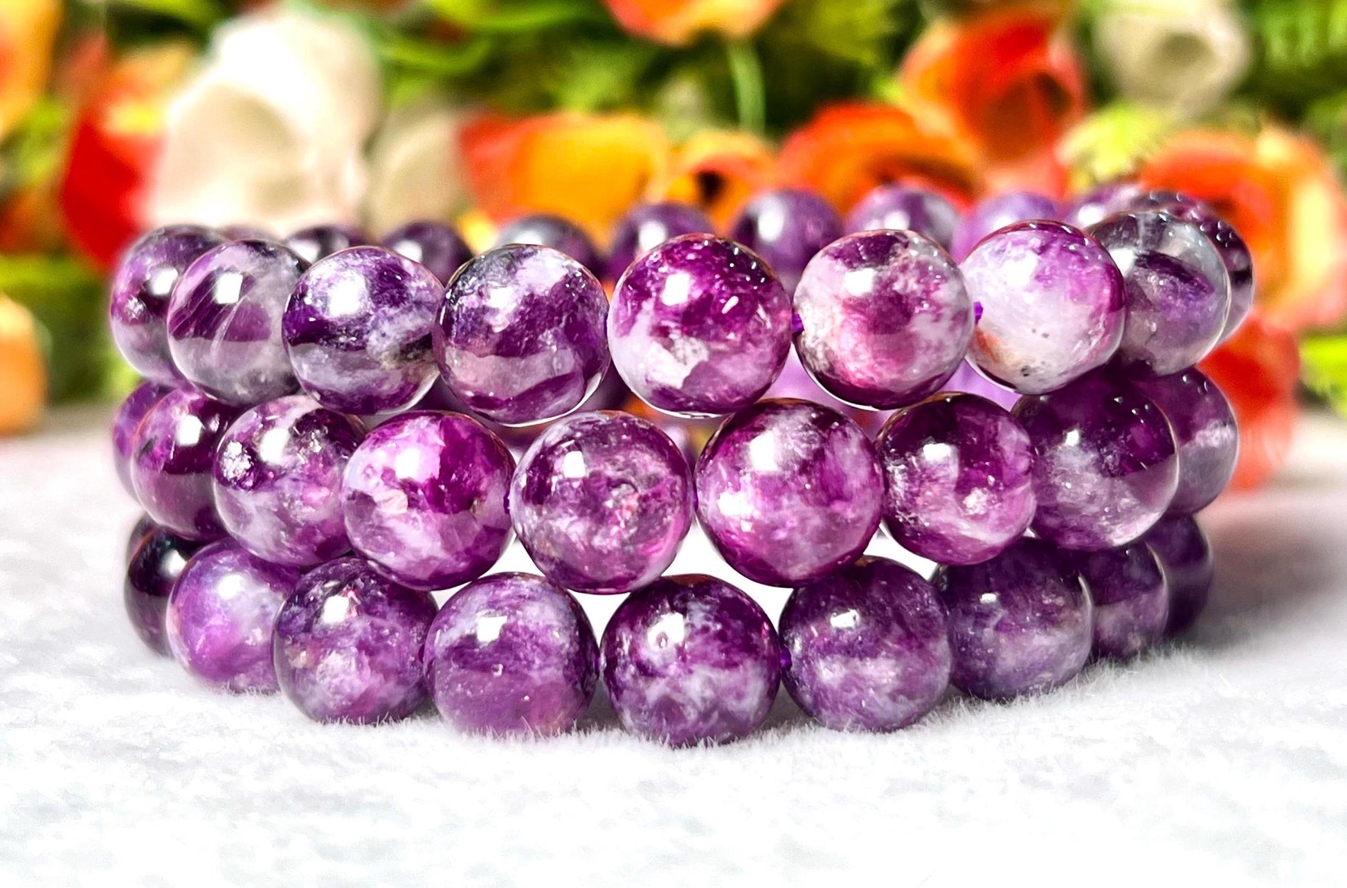 Red Purple Star Lepidolite Stone Bracelet l Stretchable Bracelet l Unisex Bracelet l 10 MM Bracelet