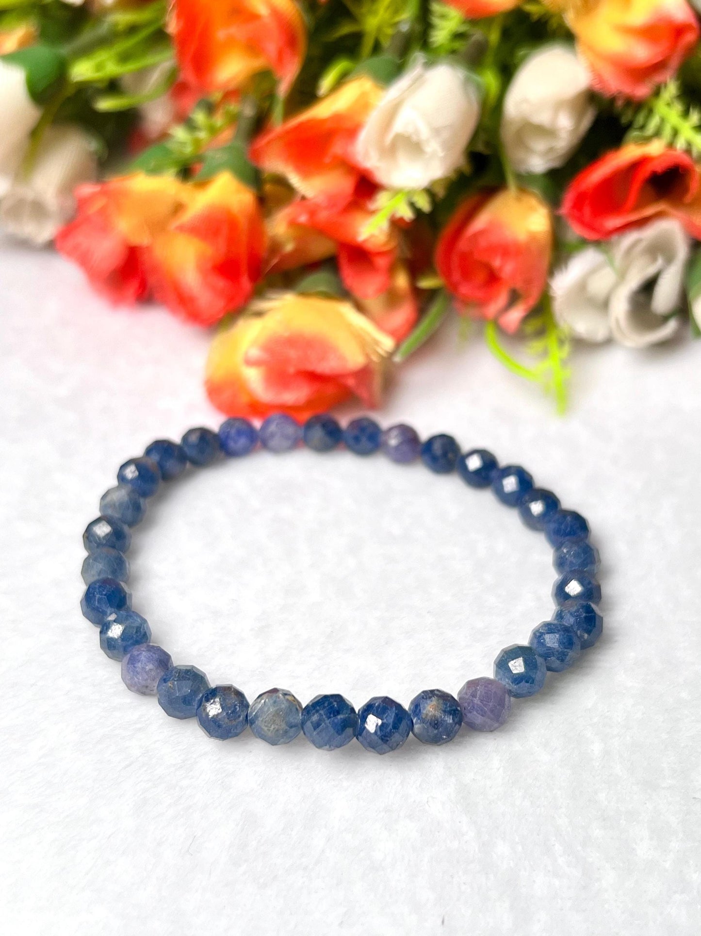 Blue Sapphire Stone Faceted Cutting Bracelet l Stretchable Bracelet l Unisex Bracelet l 6 MM Bracelet