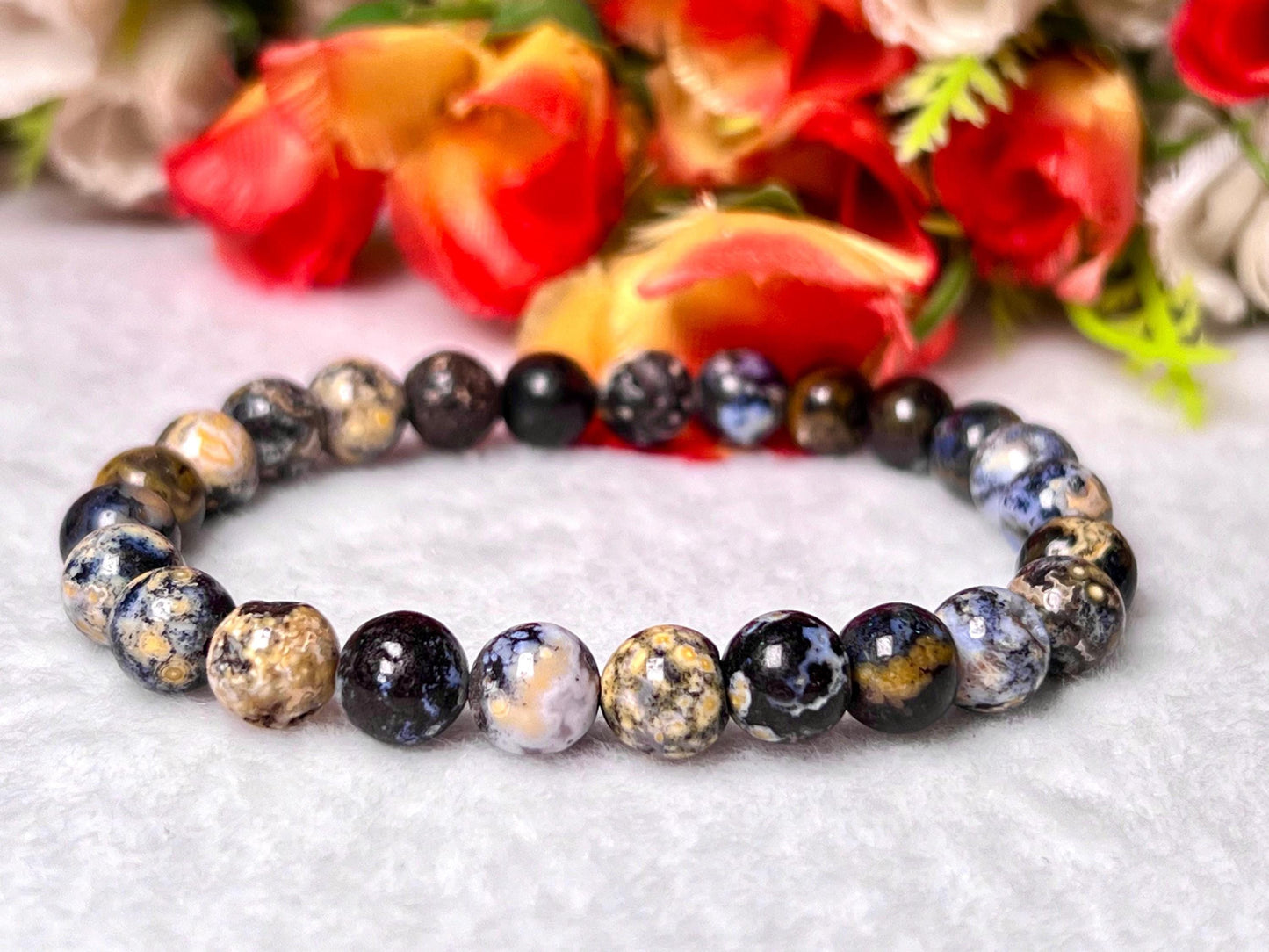 Black Blue Opal Stone Bracelet l Stretchable Bracelet l Unisex Bracelet l 8 MM Bracelet