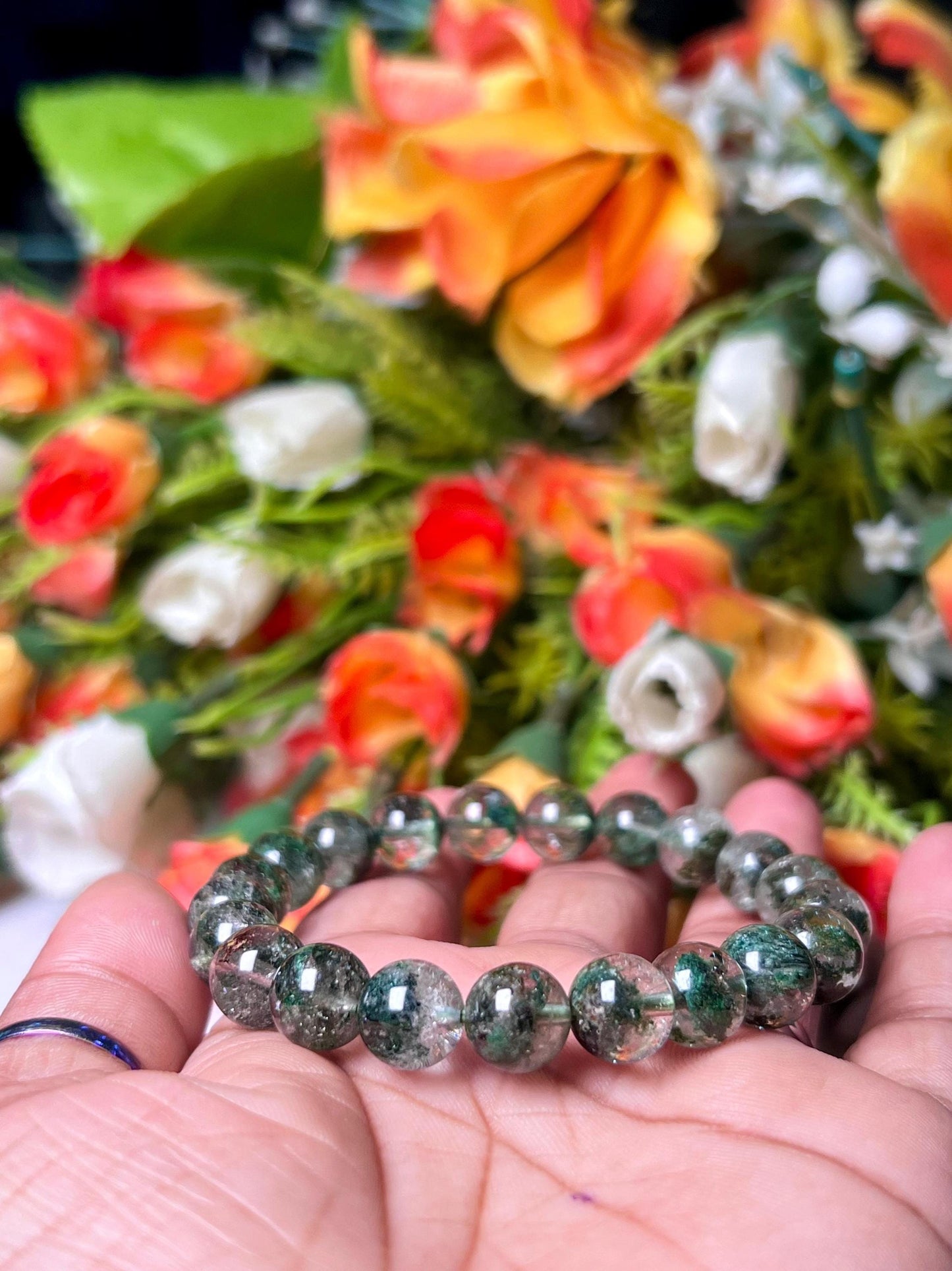 Rare,Collector,Imperial Green,Lodolite Bracelet,Garden Quartz Bracelet,Phantom Bracelet l Stretchable Bracelet l 8 MM Unisex Bracelet