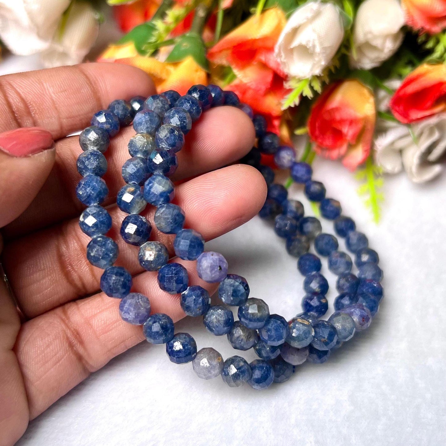 Blue Sapphire Stone Faceted Cutting Bracelet l Stretchable Bracelet l Unisex Bracelet l 6 MM Bracelet