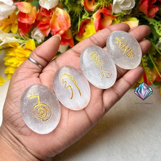 Selenite Stone Set Of 4 Usui Reiki Symbol Engraved Oval Shape Stone l Cho Ku Rei l Sei Hei Ki l Hon Sha Ze Sho Nen l Dai Ko Myo