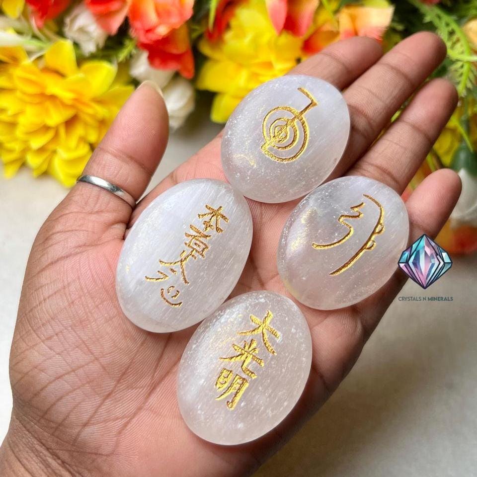 Selenite Stone Set Of 4 Usui Reiki Symbol Engraved Oval Shape Stone l Cho Ku Rei l Sei Hei Ki l Hon Sha Ze Sho Nen l Dai Ko Myo