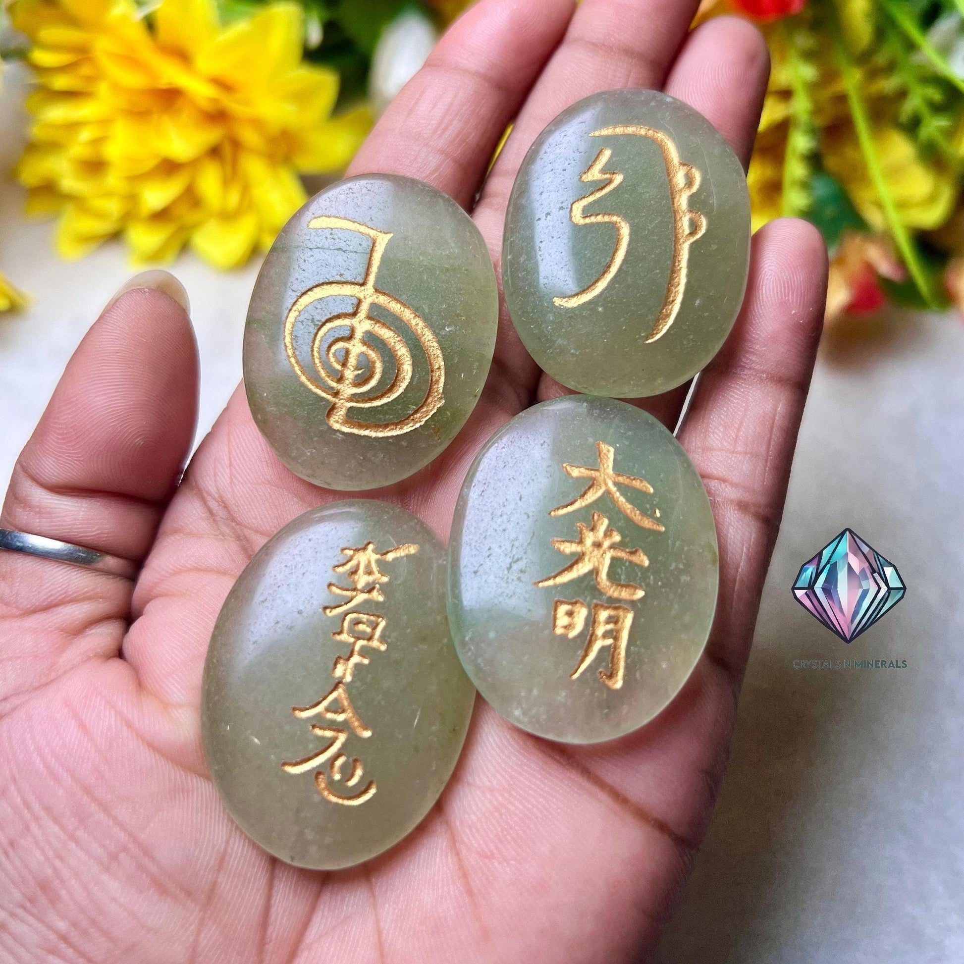 Green Aventurine Stone Set Of 4 Usui Reiki Symbol Engraved Oval Shape Stone l Cho Ku Rei l Sei Hei Ki l Hon Sha Ze Sho Nen l Dai Ko Myo