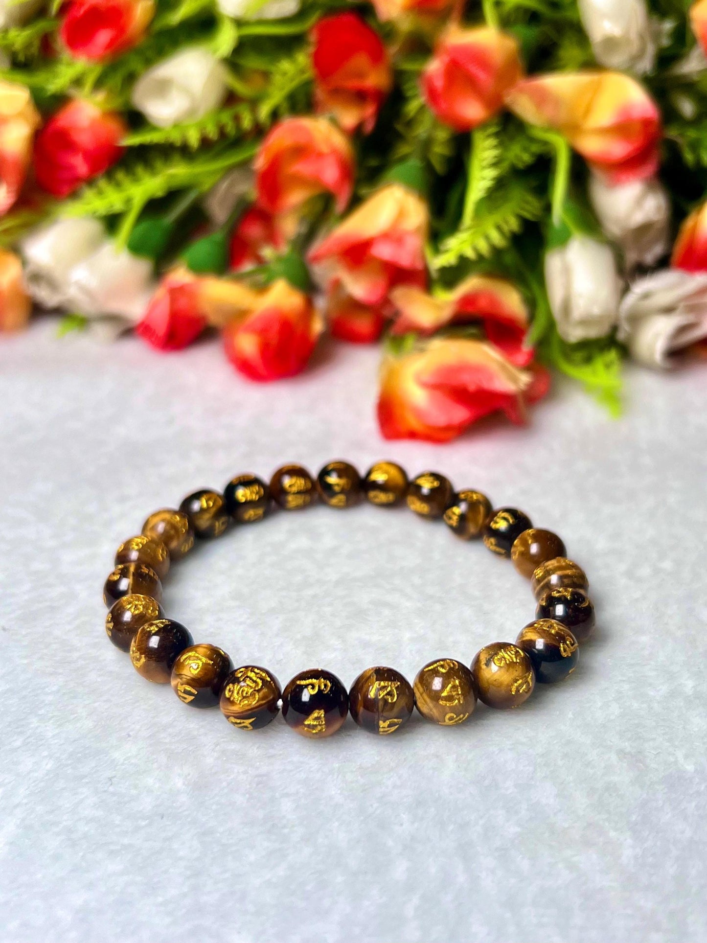 Tiger Eye Om Mani Padme Hum Stone Bracelet l Stretchable Bracelet l Unisex Bracelet l 8 MM Bracelet