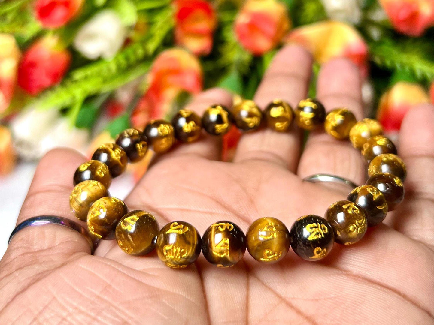 Tiger Eye Om Mani Padme Hum Stone Bracelet l Stretchable Bracelet l Unisex Bracelet l 8 MM Bracelet