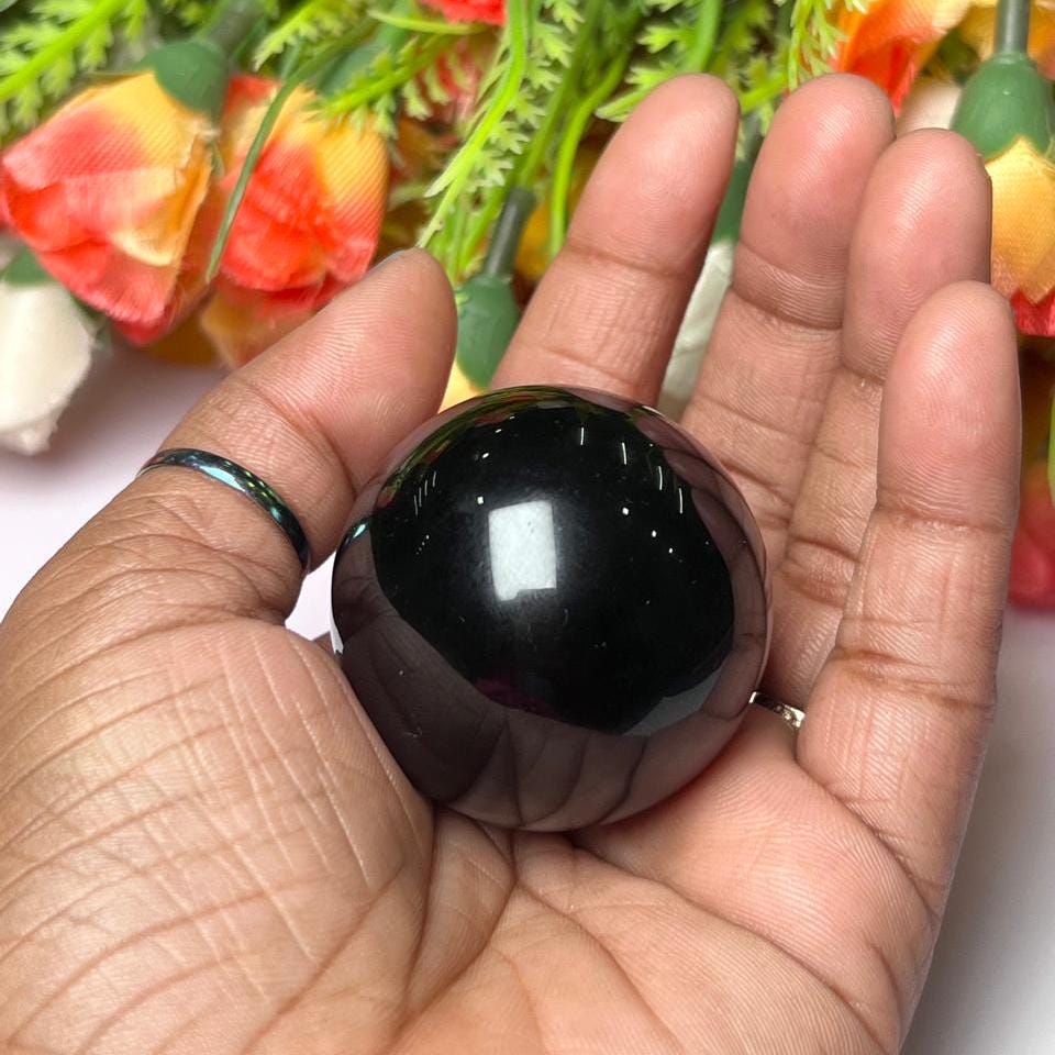 Black Obsidian Stone Sphere 40 MM Crystal Ball Orb Pocket Stone Meditation Space Crystal Grid With wooden Stand