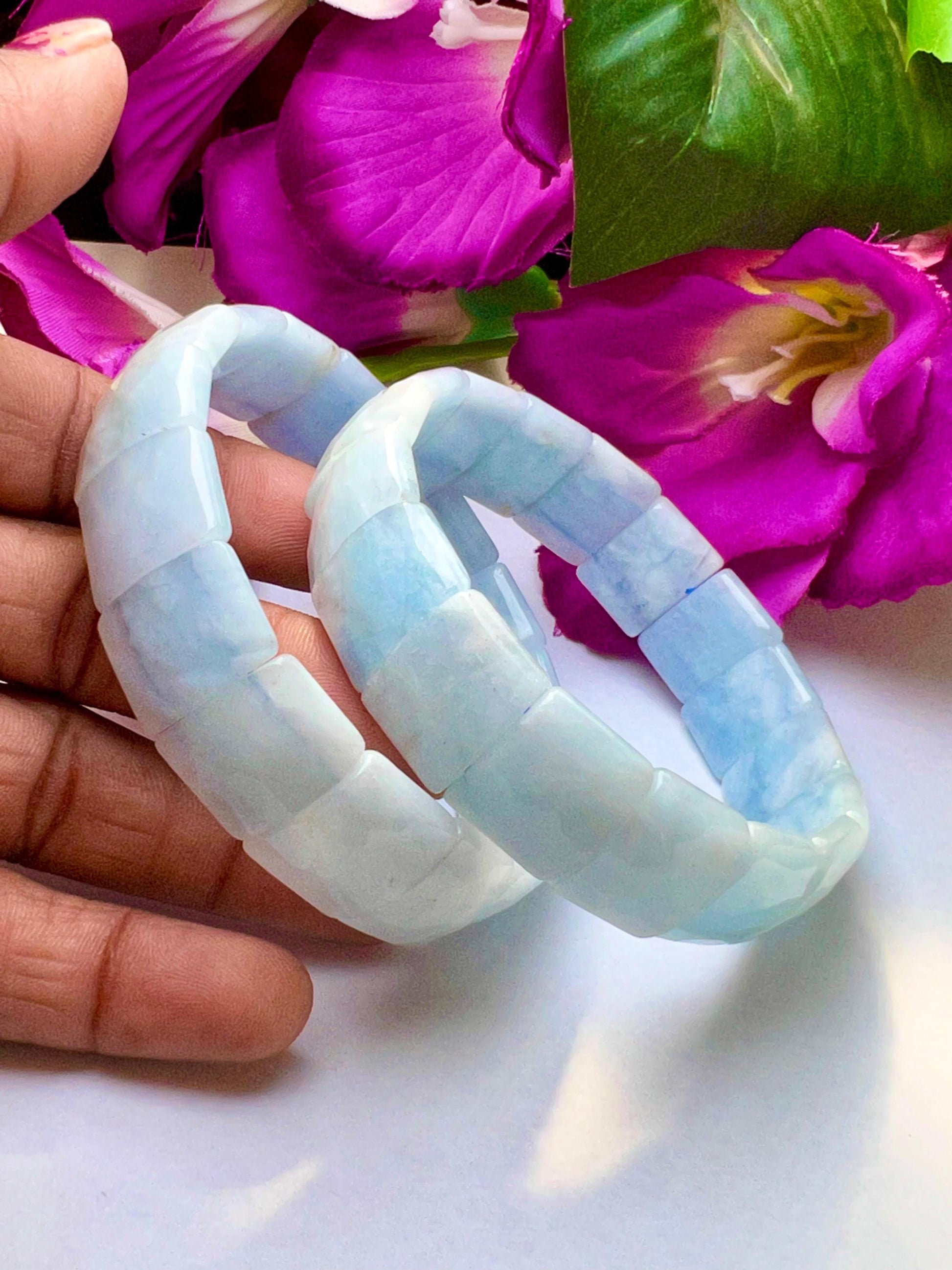 15 MM Aquamarine Stone Bracelet l Stretchable Bracelet