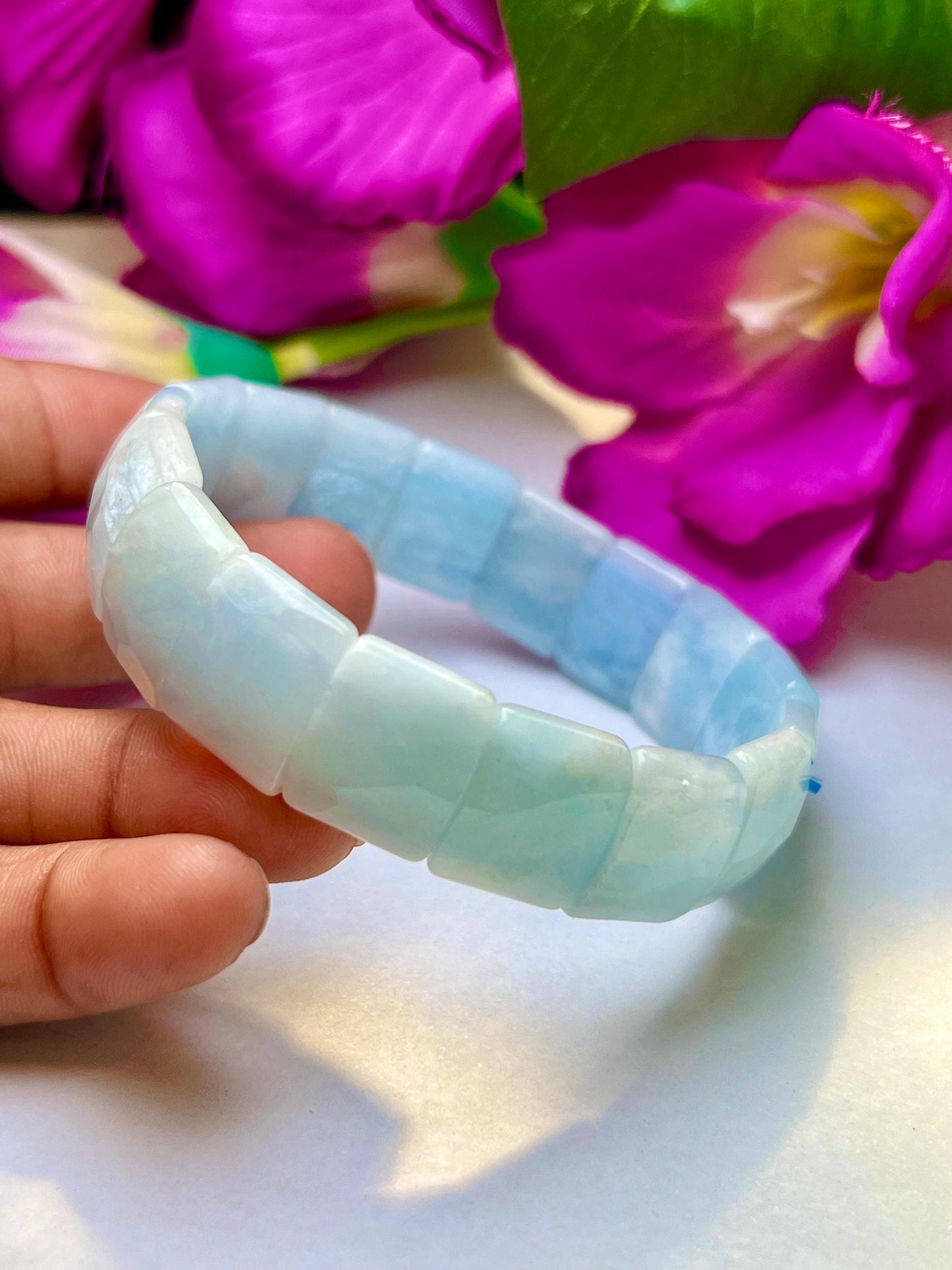 15 MM Aquamarine Stone Bracelet l Stretchable Bracelet