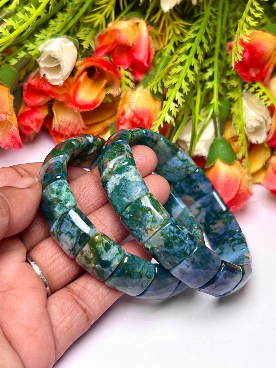 15 MM Moss Agate Stone Bracelet l Stretchable Bracelet