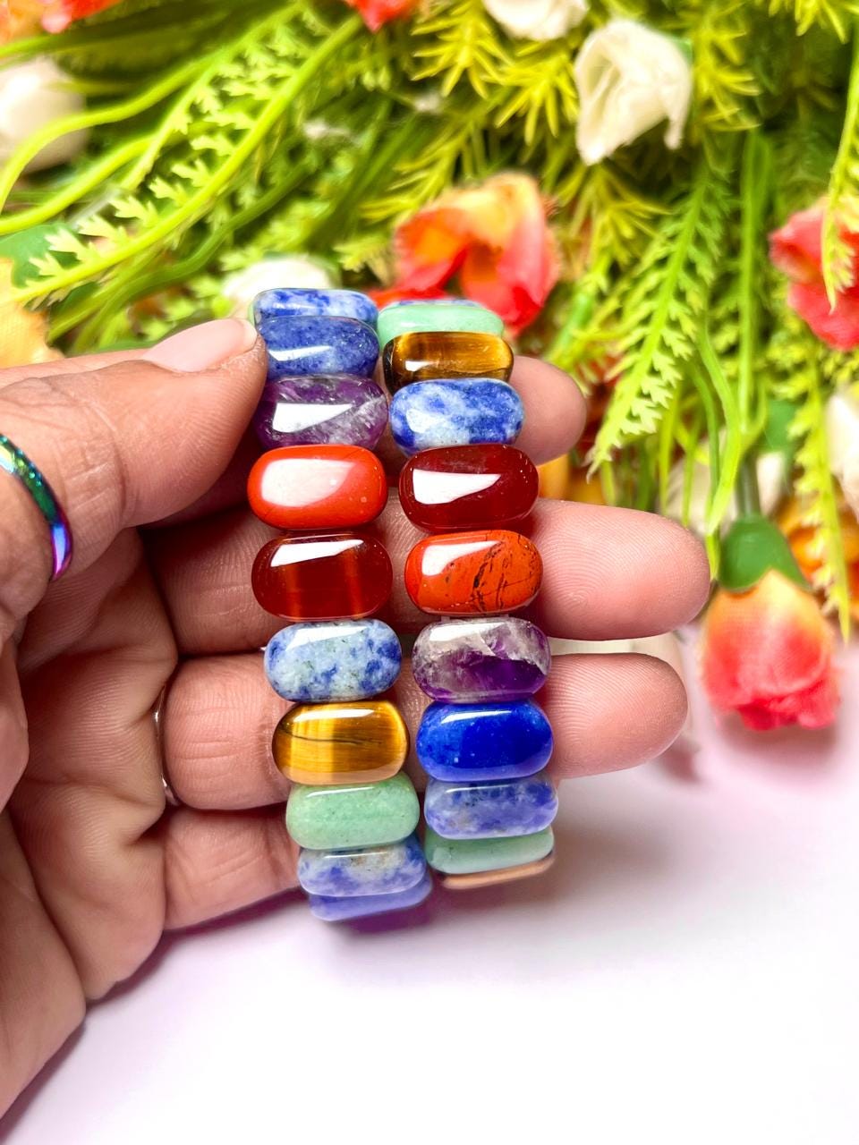 15 MM 7 Seven Chakra Stone Bracelet l Stretchable Bracelet