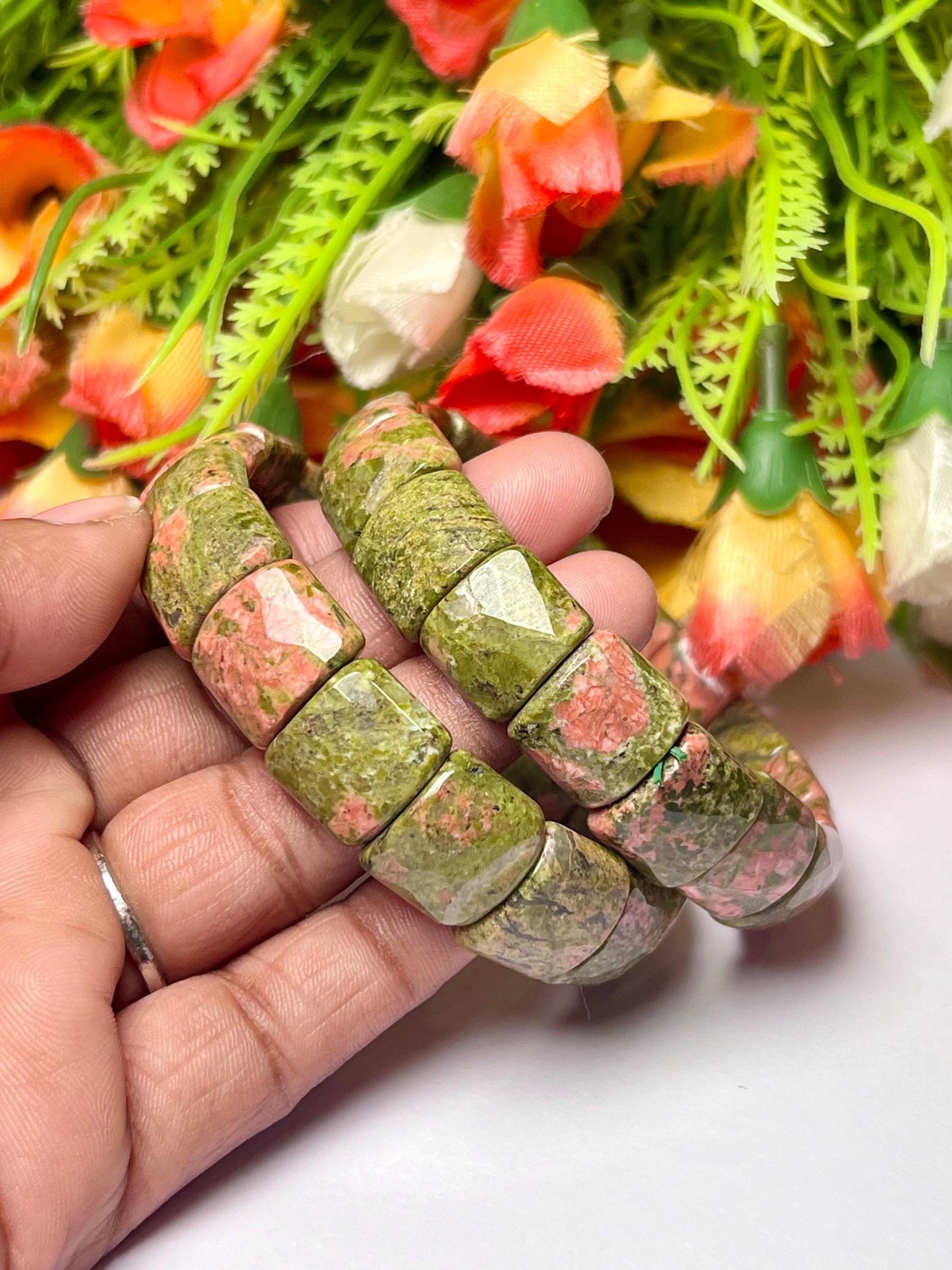 15 MM Unakite Jasper Stone Bracelet l Stretchable Bracelet