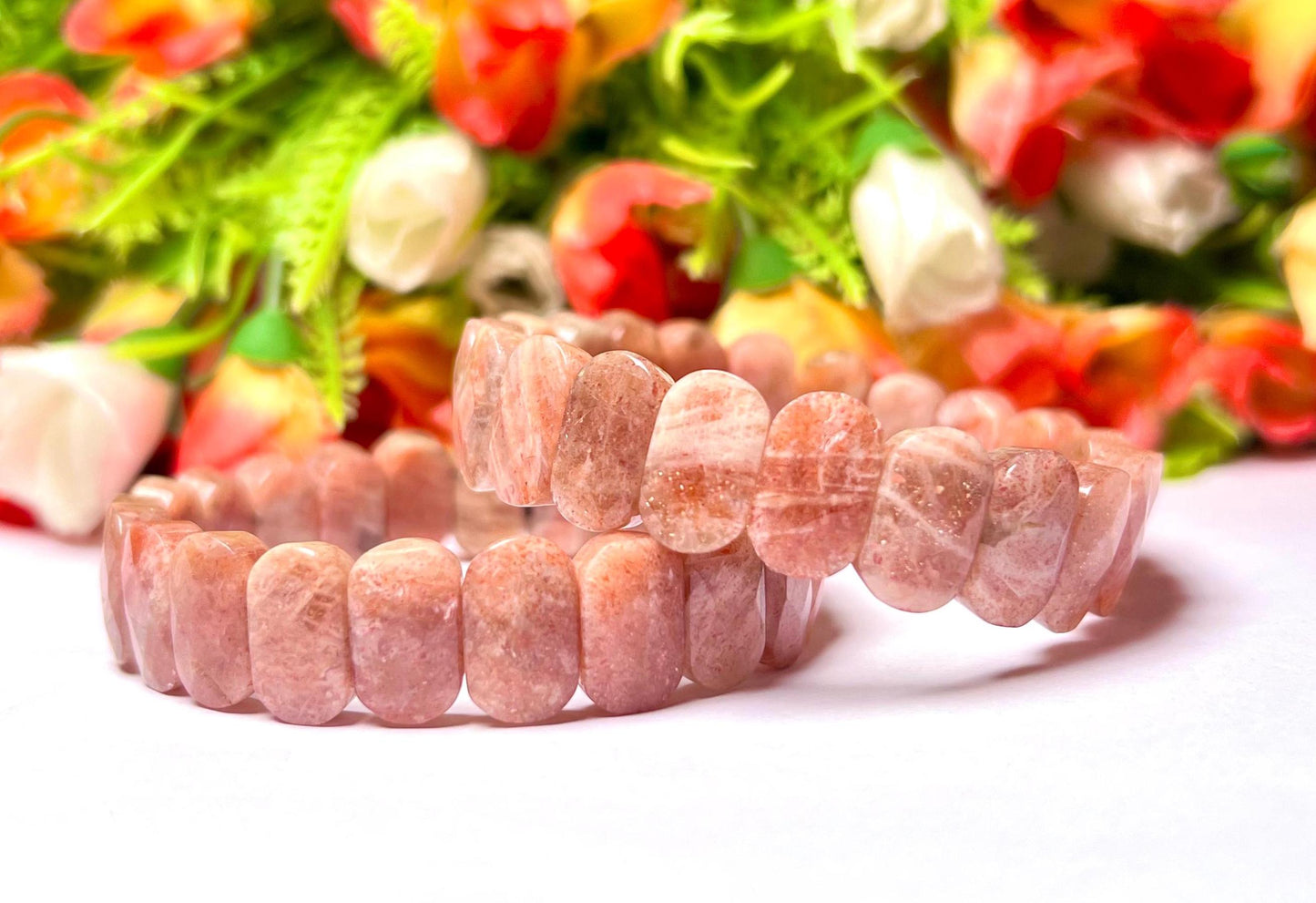 15 MM Peach Moonstone Bracelet l Stretchable Bracelet