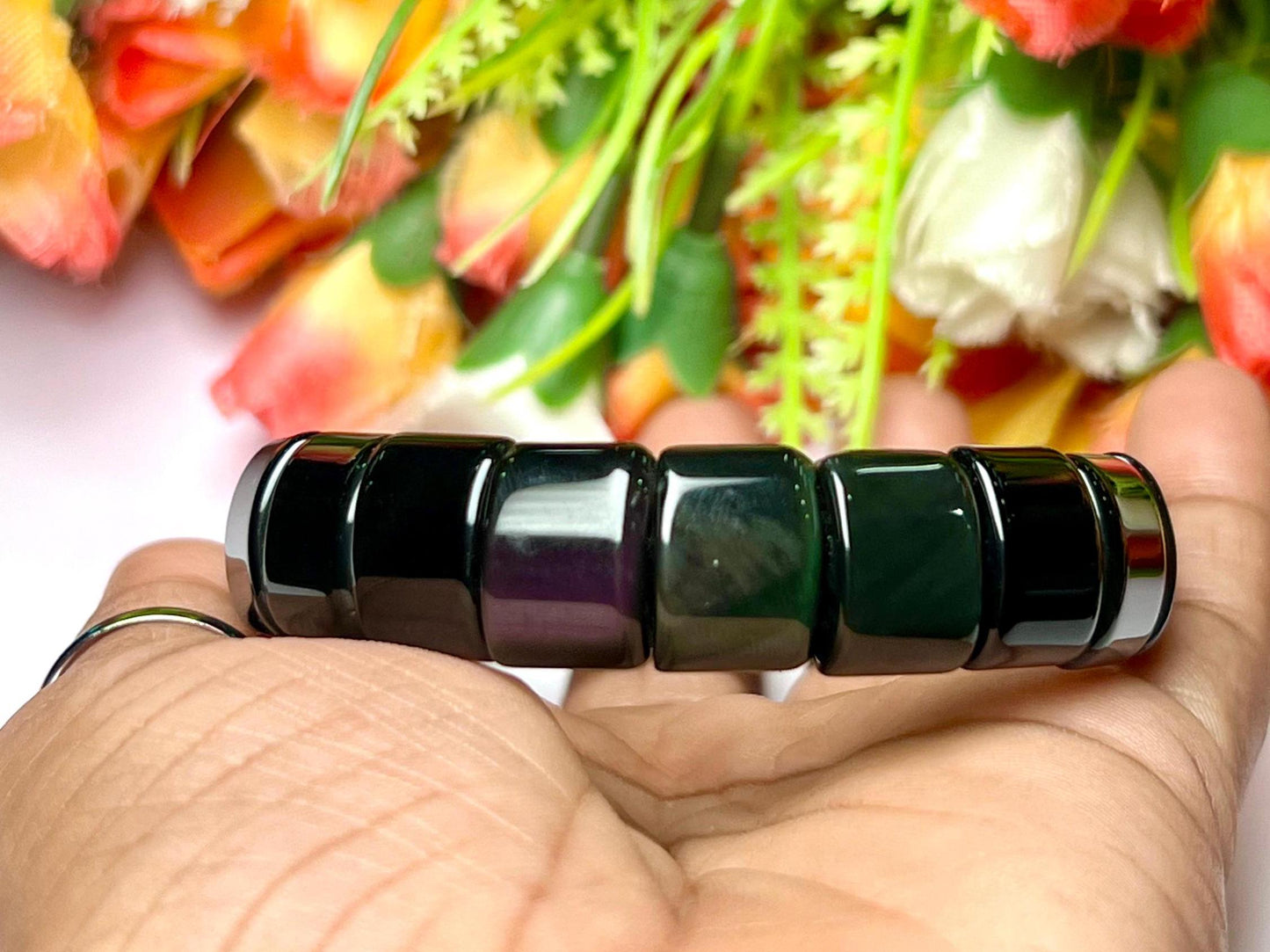 15 MM Rainbow Obsidian Stone Bracelet l Stretchable Bracelet