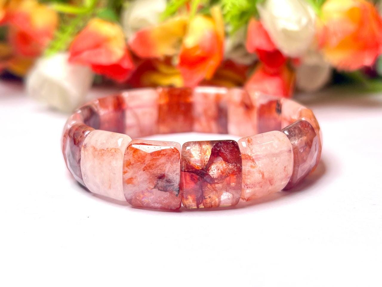 15 MM Red Fire Azeztulite Stone Bracelet l Stretchable Bracelet