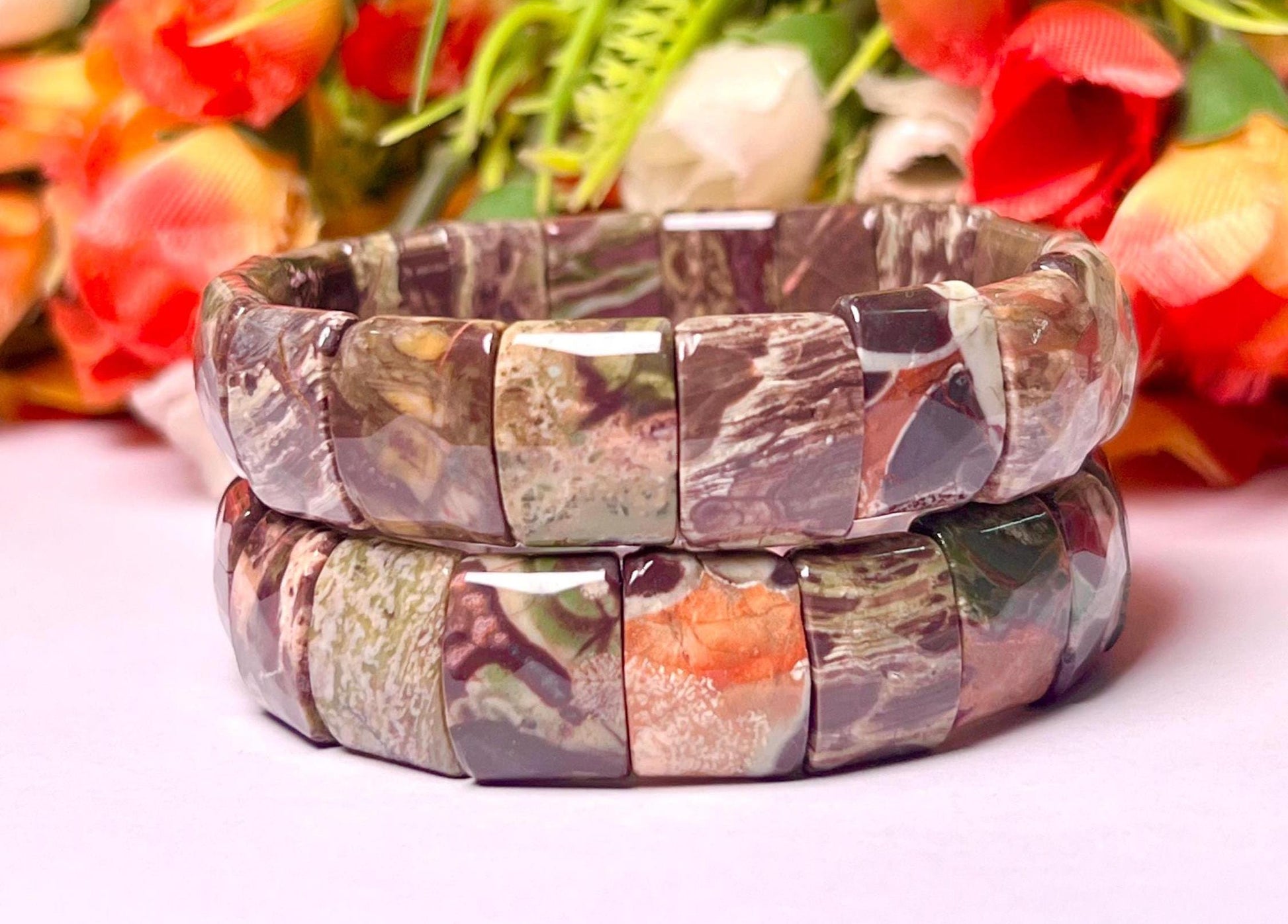 15 MM Petrified Wood Stone Bracelet l Stretchable Bracelet