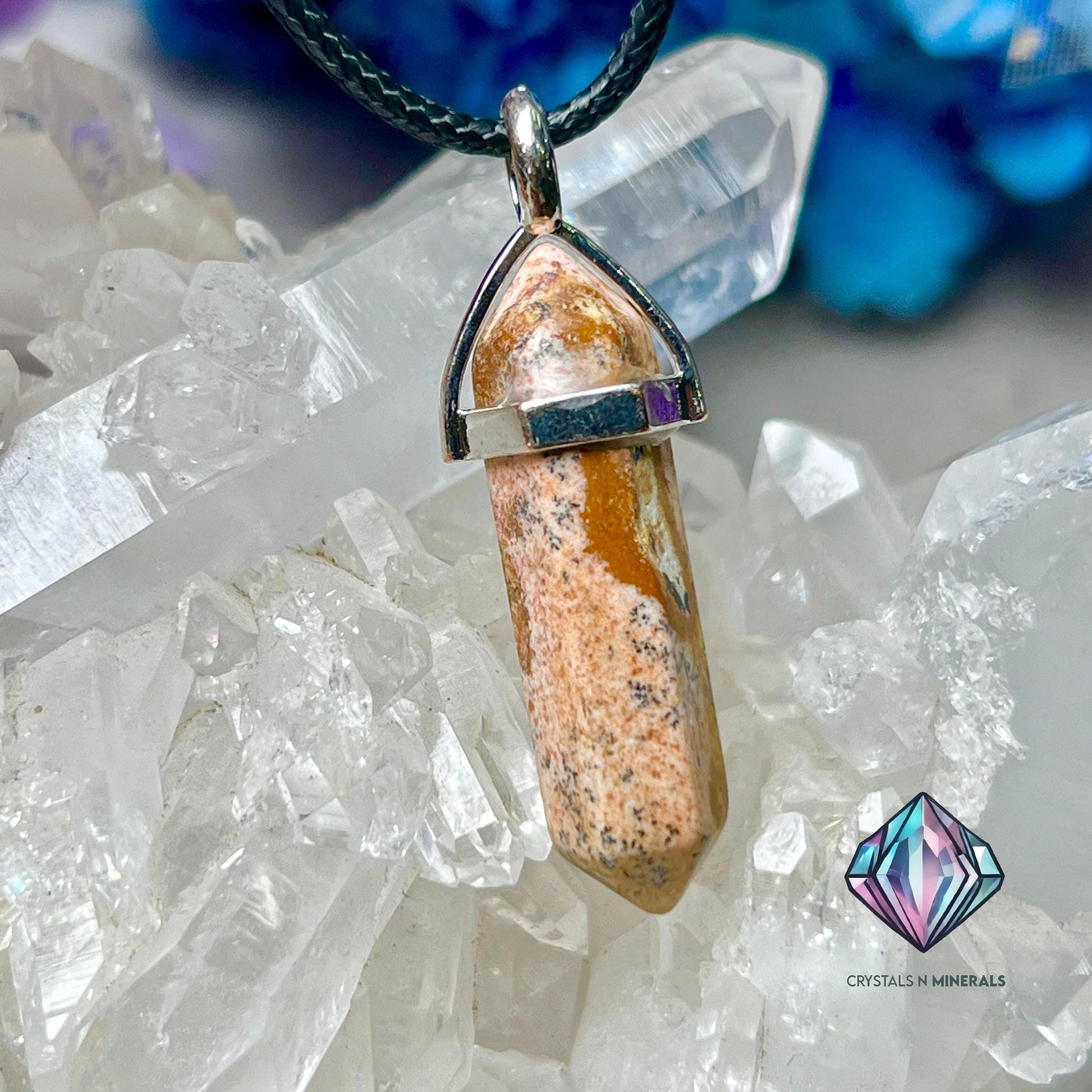 Picture Jasper Stone Double Point Pencil Pendant with Black Cord