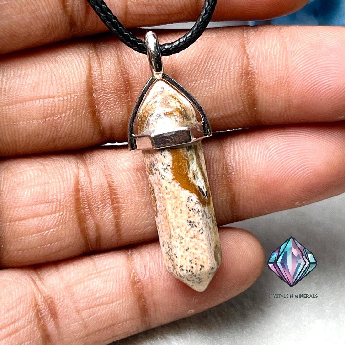 Picture Jasper Stone Double Point Pencil Pendant with Black Cord