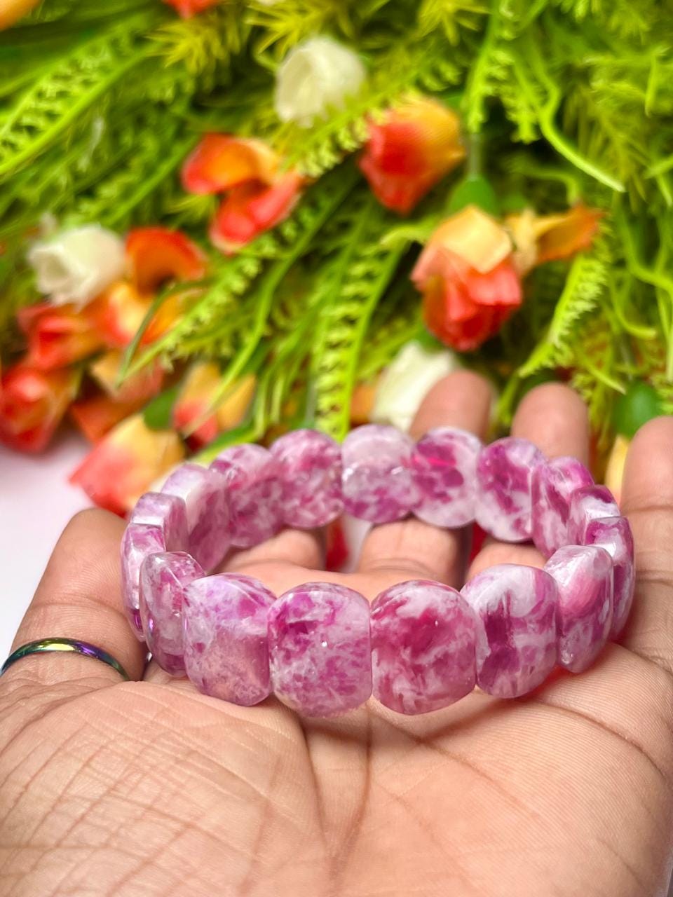 15 MM Star lepidolite Stone Bracelet l Stretchable Bracelet AAAAA +++++