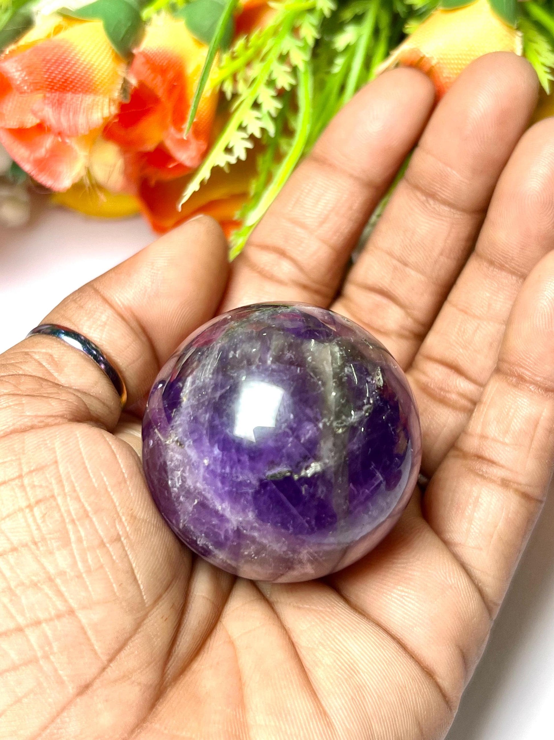 Amethyst Stone Sphere 40 MM Crystal Ball Orb Pocket Stone Meditation Space Crystal Grid With wooden Stand