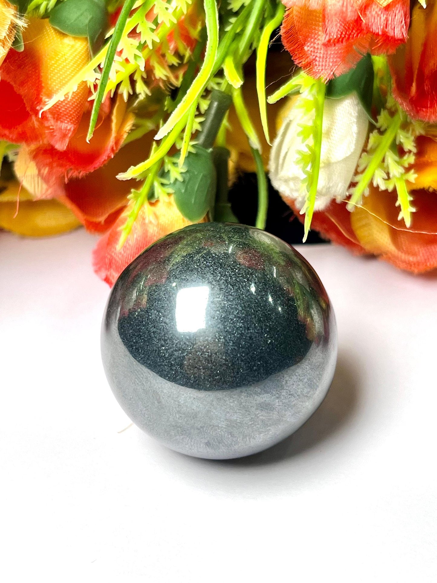 Silver Hematite Stone Sphere 40 MM Crystal Ball Orb Pocket Stone Meditation Space Crystal Grid With wooden Stand