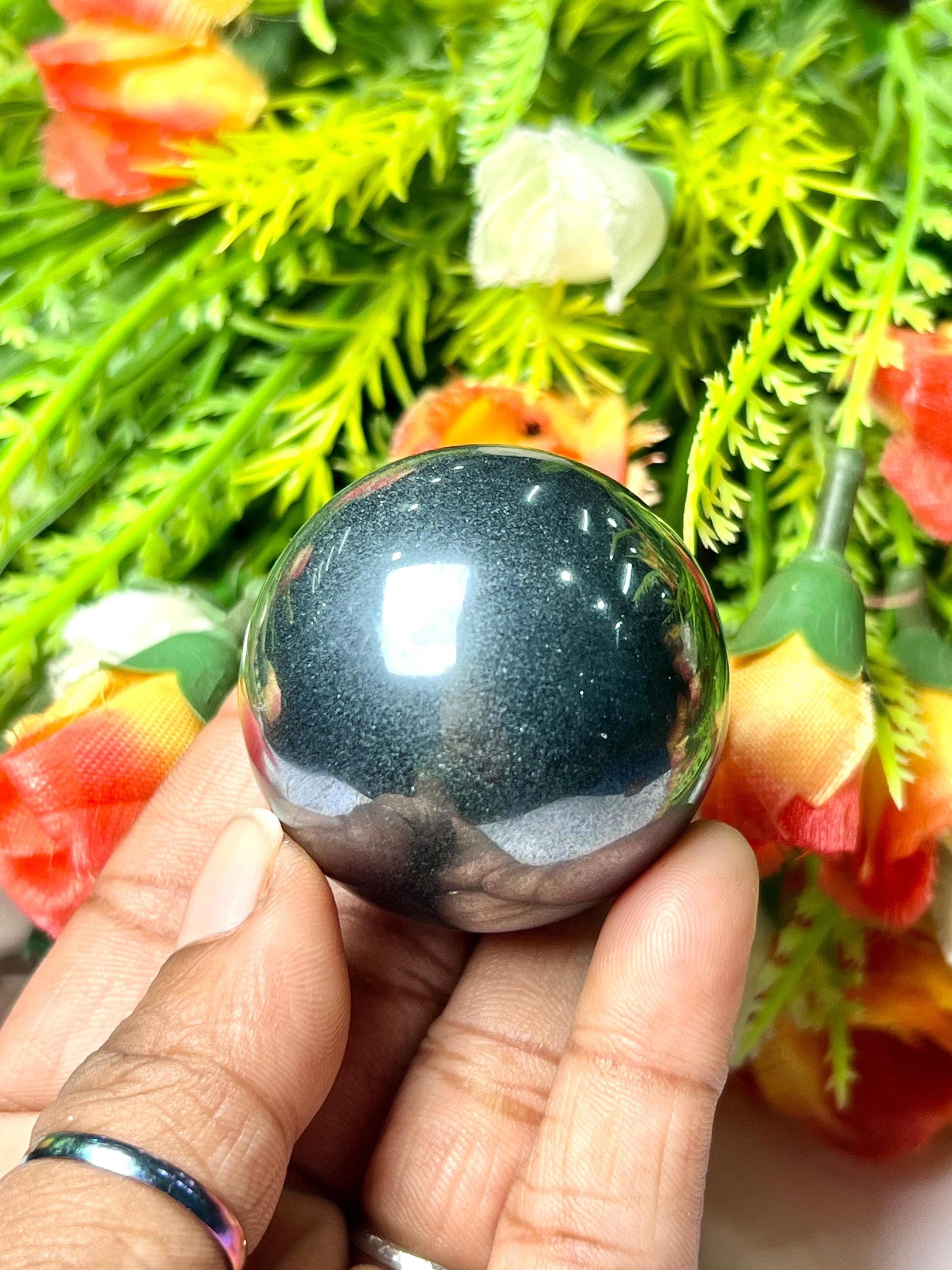 Silver Hematite Stone Sphere 40 MM Crystal Ball Orb Pocket Stone Meditation Space Crystal Grid With wooden Stand