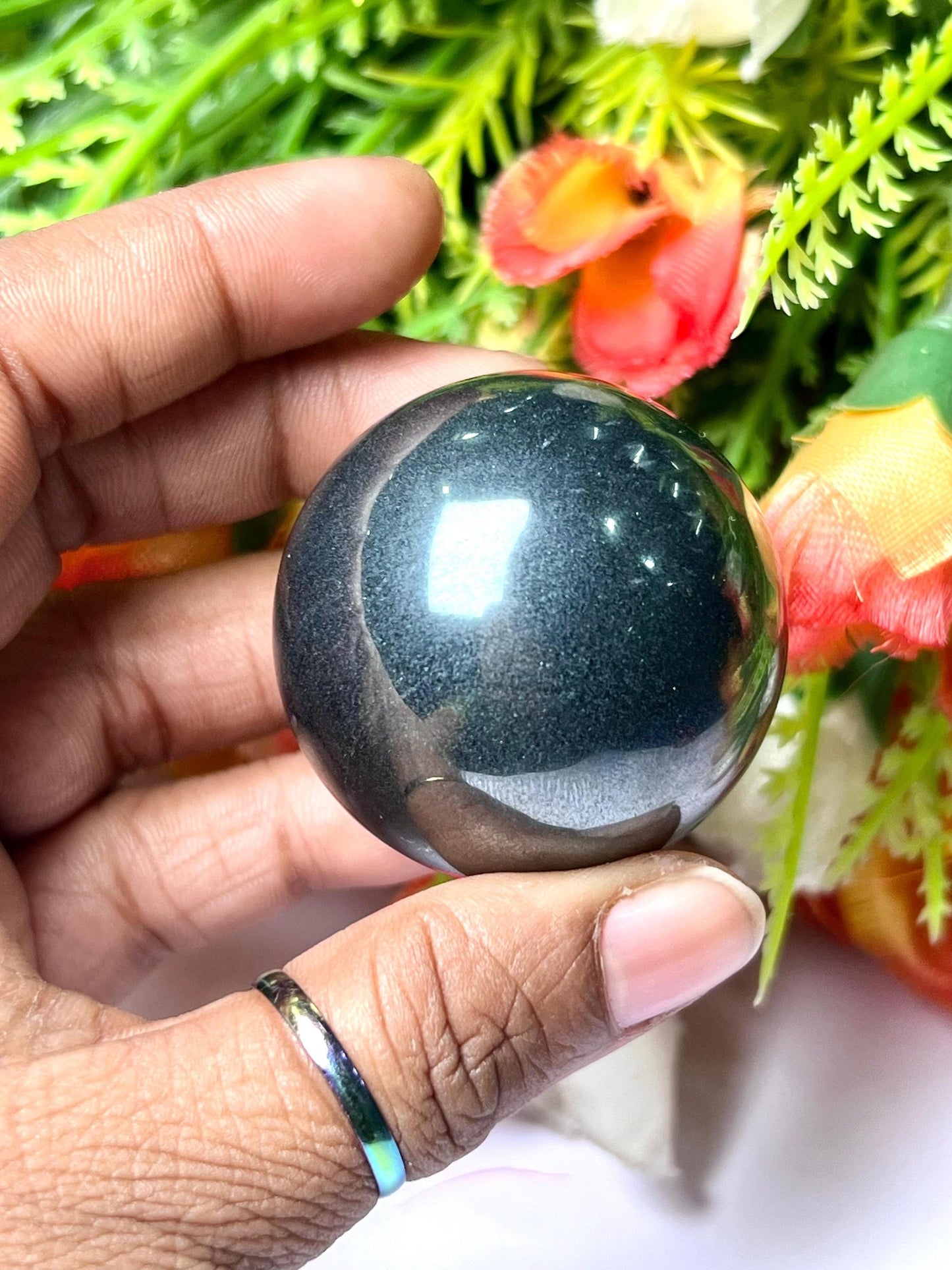 Silver Hematite Stone Sphere 40 MM Crystal Ball Orb Pocket Stone Meditation Space Crystal Grid With wooden Stand