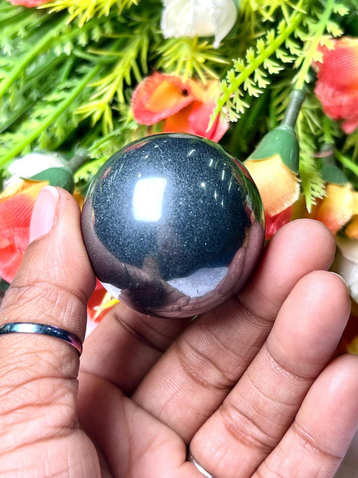 Silver Hematite Stone Sphere 40 MM Crystal Ball Orb Pocket Stone Meditation Space Crystal Grid With wooden Stand