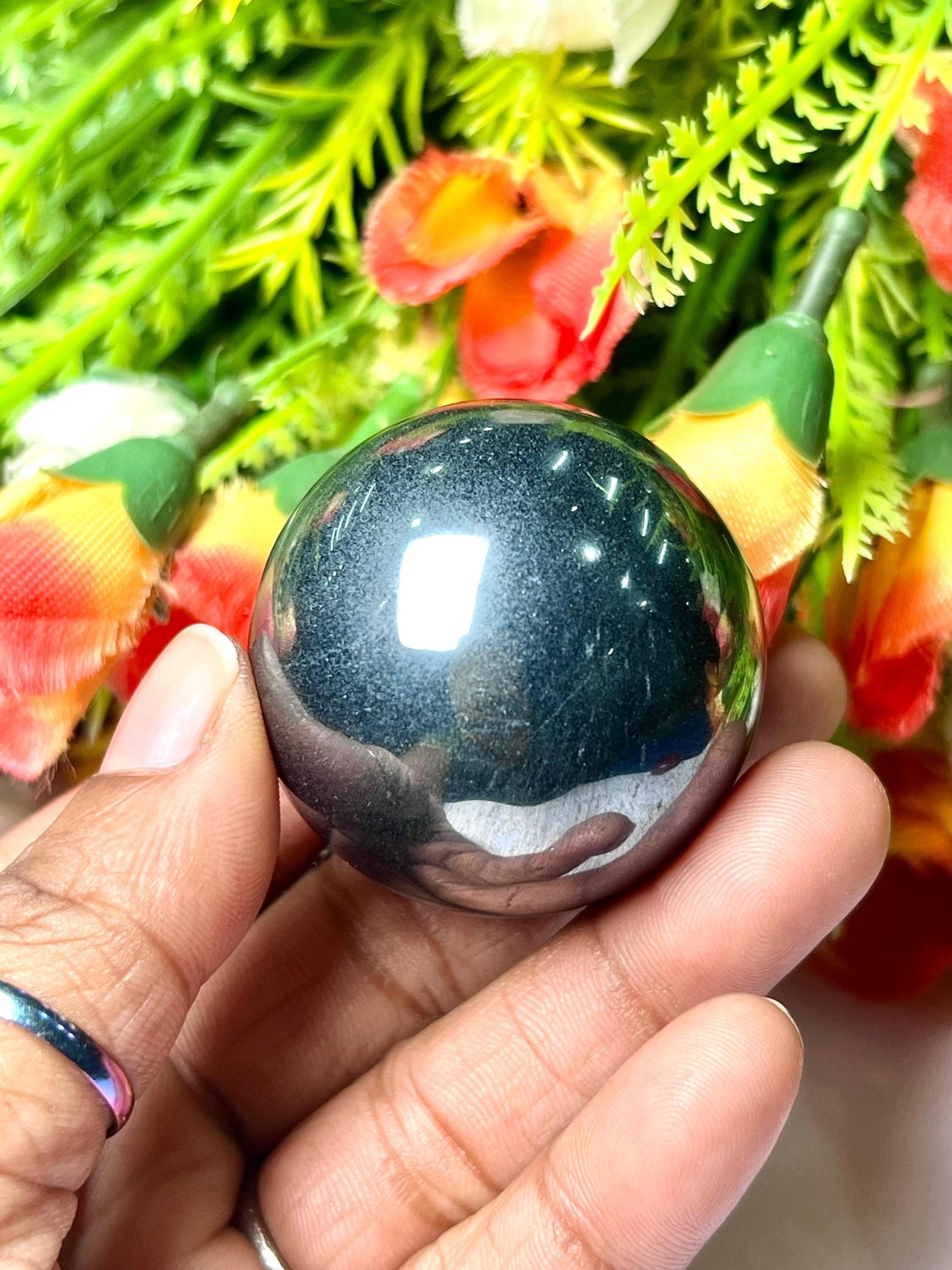 Silver Hematite Stone Sphere 40 MM Crystal Ball Orb Pocket Stone Meditation Space Crystal Grid With wooden Stand