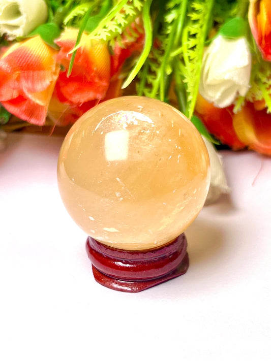 Yellow Calcite Stone Sphere 40 MM Crystal Ball Orb Pocket Stone Meditation Space Crystal Grid With wooden Stand