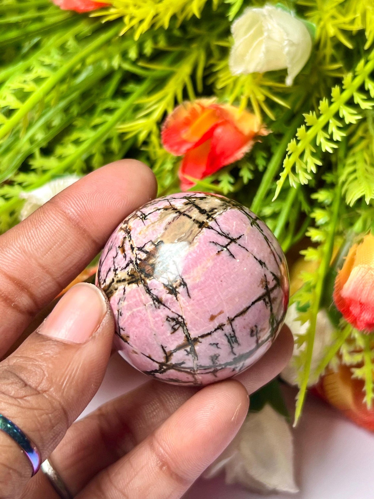 Rhodonite Stone Sphere 40 MM Crystal Ball Orb Pocket Stone Meditation Space Crystal Grid With wooden Stand