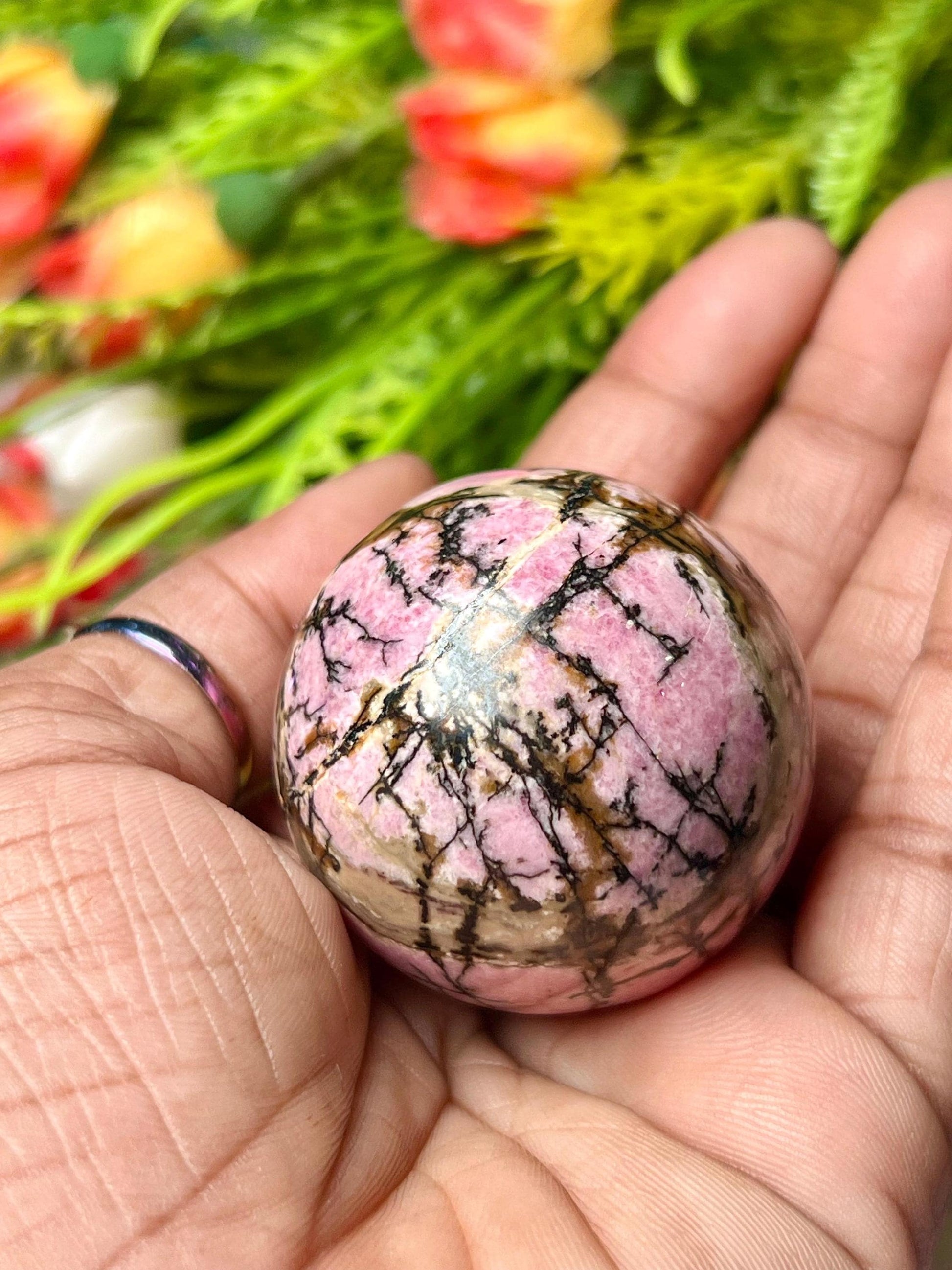 Rhodonite Stone Sphere 40 MM Crystal Ball Orb Pocket Stone Meditation Space Crystal Grid With wooden Stand