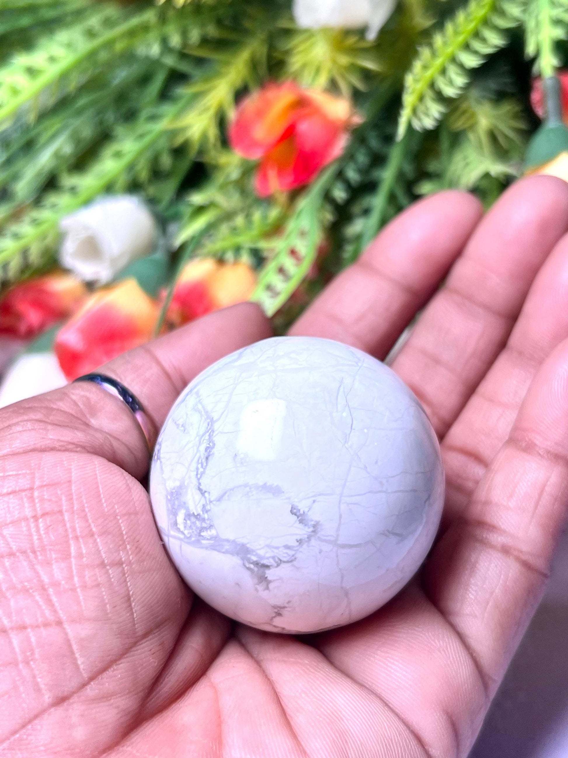 Howlite Stone Sphere 40 MM Crystal Ball Orb Pocket Stone Meditation Space Crystal Grid With wooden Stand