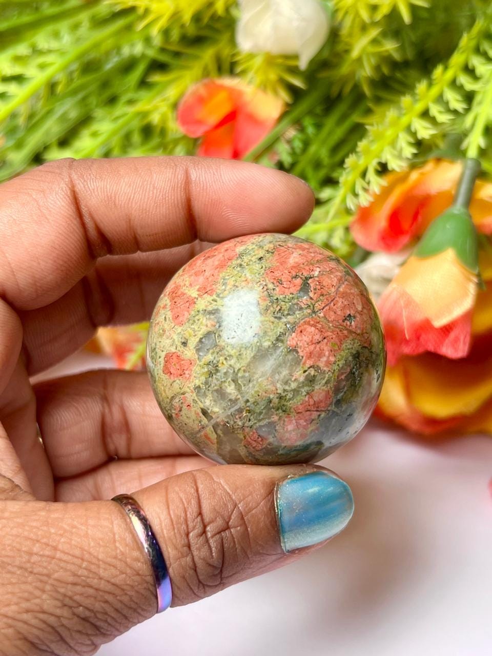 Unakite Jasper Stone Sphere 40 MM Crystal Ball Orb Pocket Stone Meditation Space Crystal Grid With wooden Stand