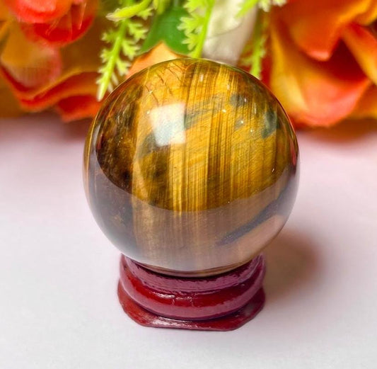 Tiger's eye Stone Sphere 40 MM Crystal Ball Orb Pocket Stone Meditation Space Crystal Grid With wooden Stand