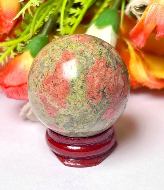 Unakite Jasper Stone Sphere 40 MM Crystal Ball Orb Pocket Stone Meditation Space Crystal Grid With wooden Stand