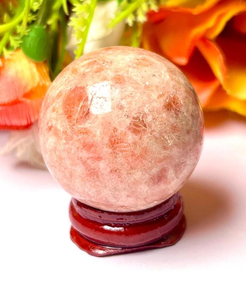 Sunstone Crystal Stone Sphere 40 MM Crystal Ball Orb Pocket Stone Meditation Space Crystal Grid With wooden Stand