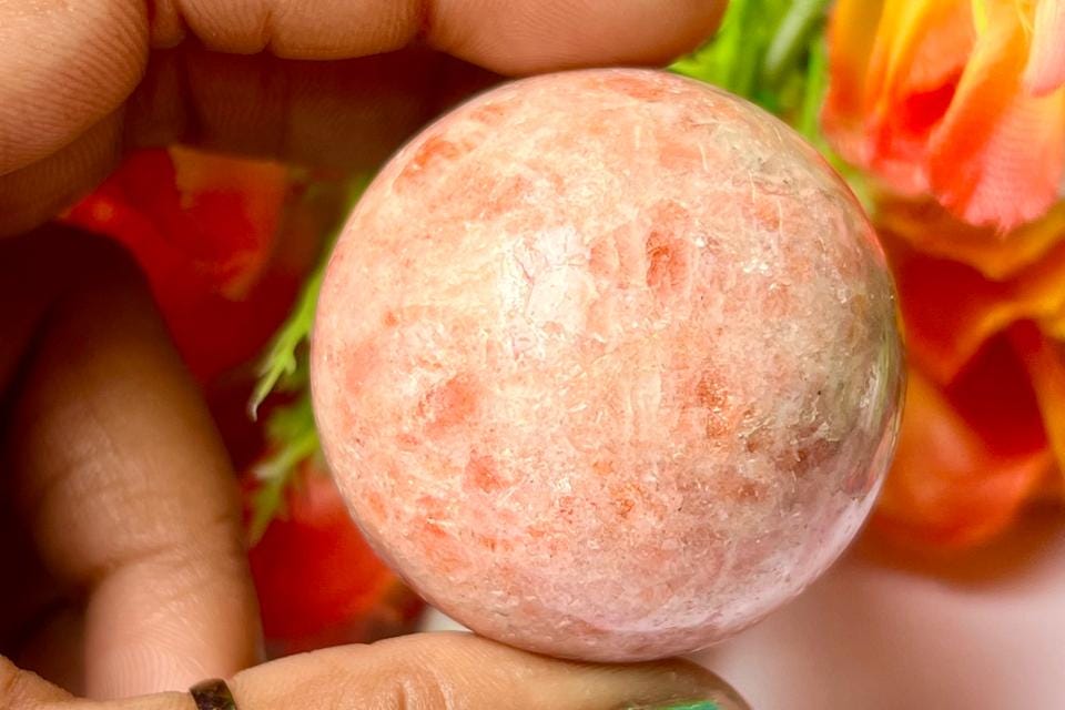 Sunstone Crystal Stone Sphere 40 MM Crystal Ball Orb Pocket Stone Meditation Space Crystal Grid With wooden Stand