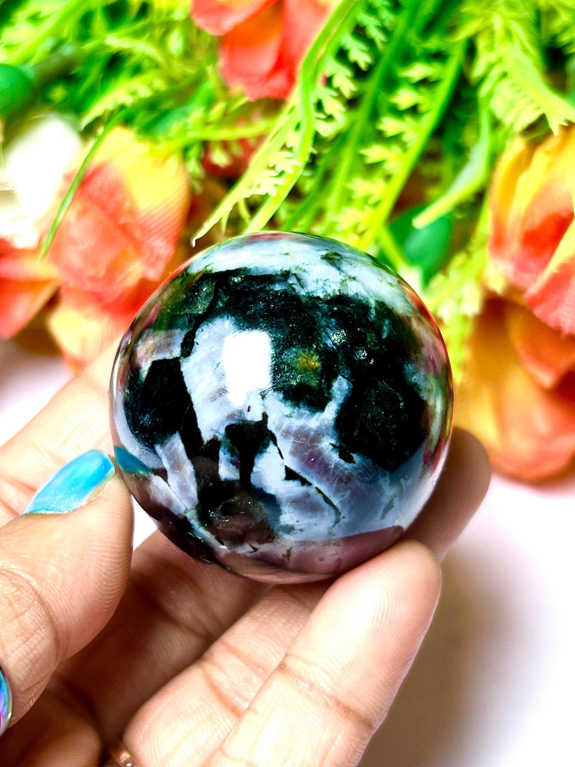 Indigo Gabbro / Mystic Merlinite Stone Sphere 40 MM Crystal Ball Orb Pocket Stone Meditation Space Crystal Grid With wooden Stand