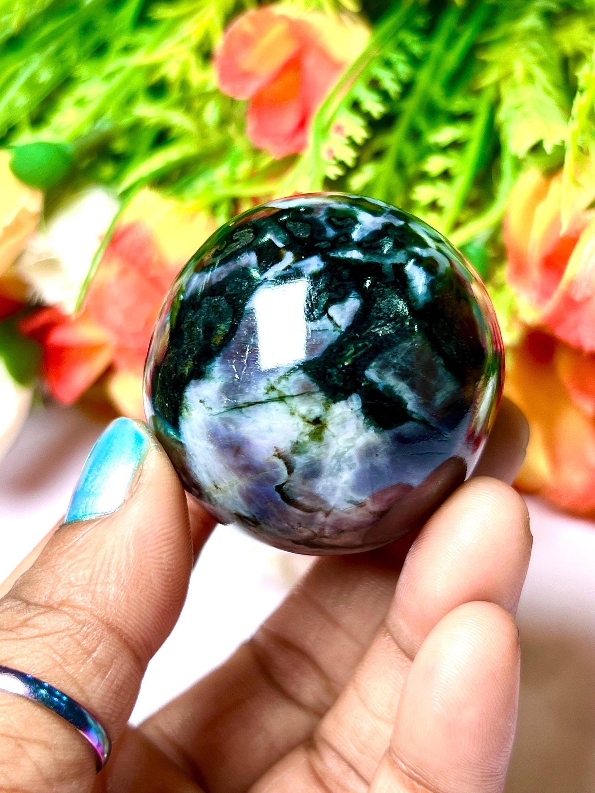 Indigo Gabbro / Mystic Merlinite Stone Sphere 40 MM Crystal Ball Orb Pocket Stone Meditation Space Crystal Grid With wooden Stand