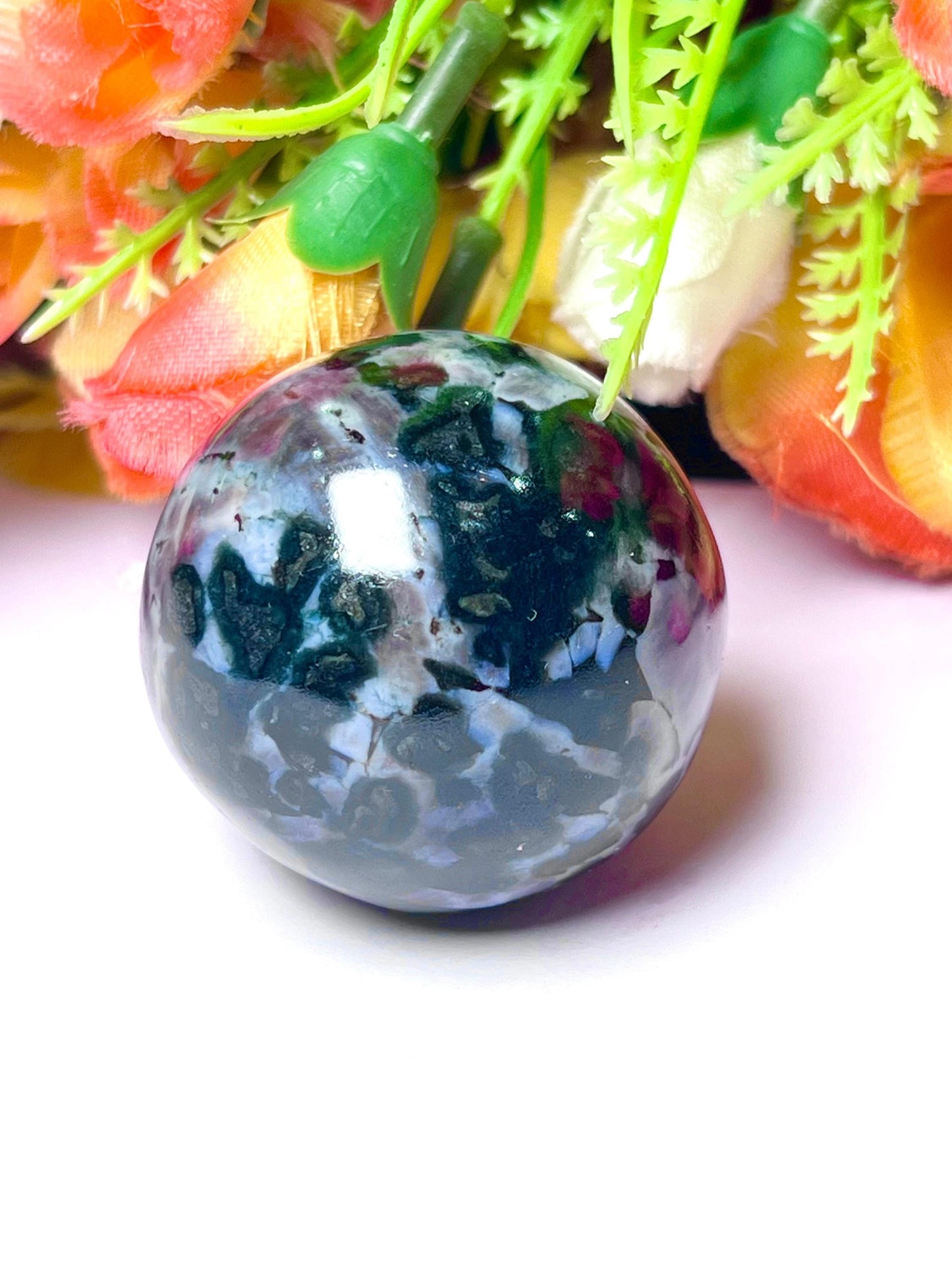 Indigo Gabbro / Mystic Merlinite Stone Sphere 40 MM Crystal Ball Orb Pocket Stone Meditation Space Crystal Grid With wooden Stand