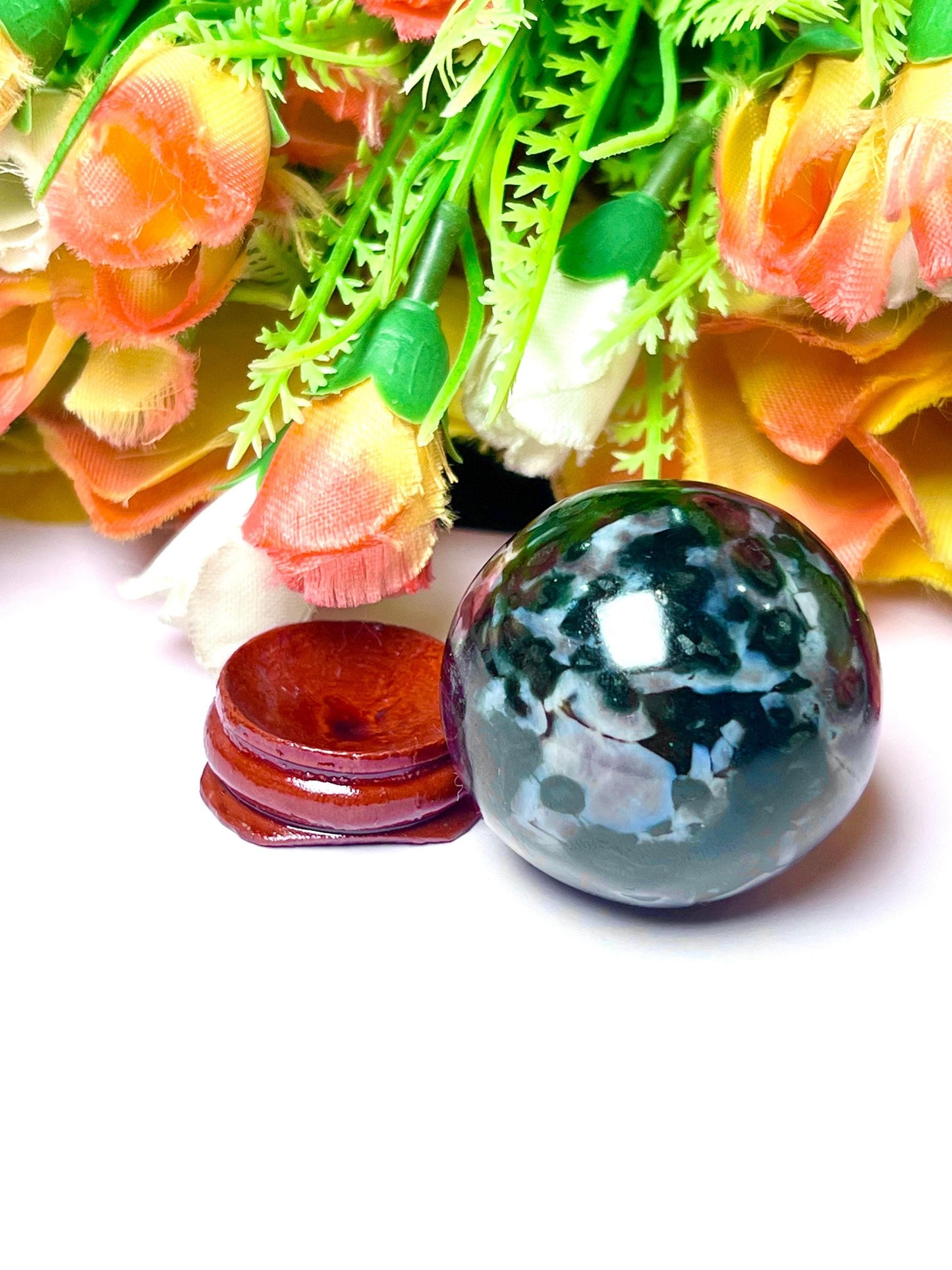 Indigo Gabbro / Mystic Merlinite Stone Sphere 40 MM Crystal Ball Orb Pocket Stone Meditation Space Crystal Grid With wooden Stand