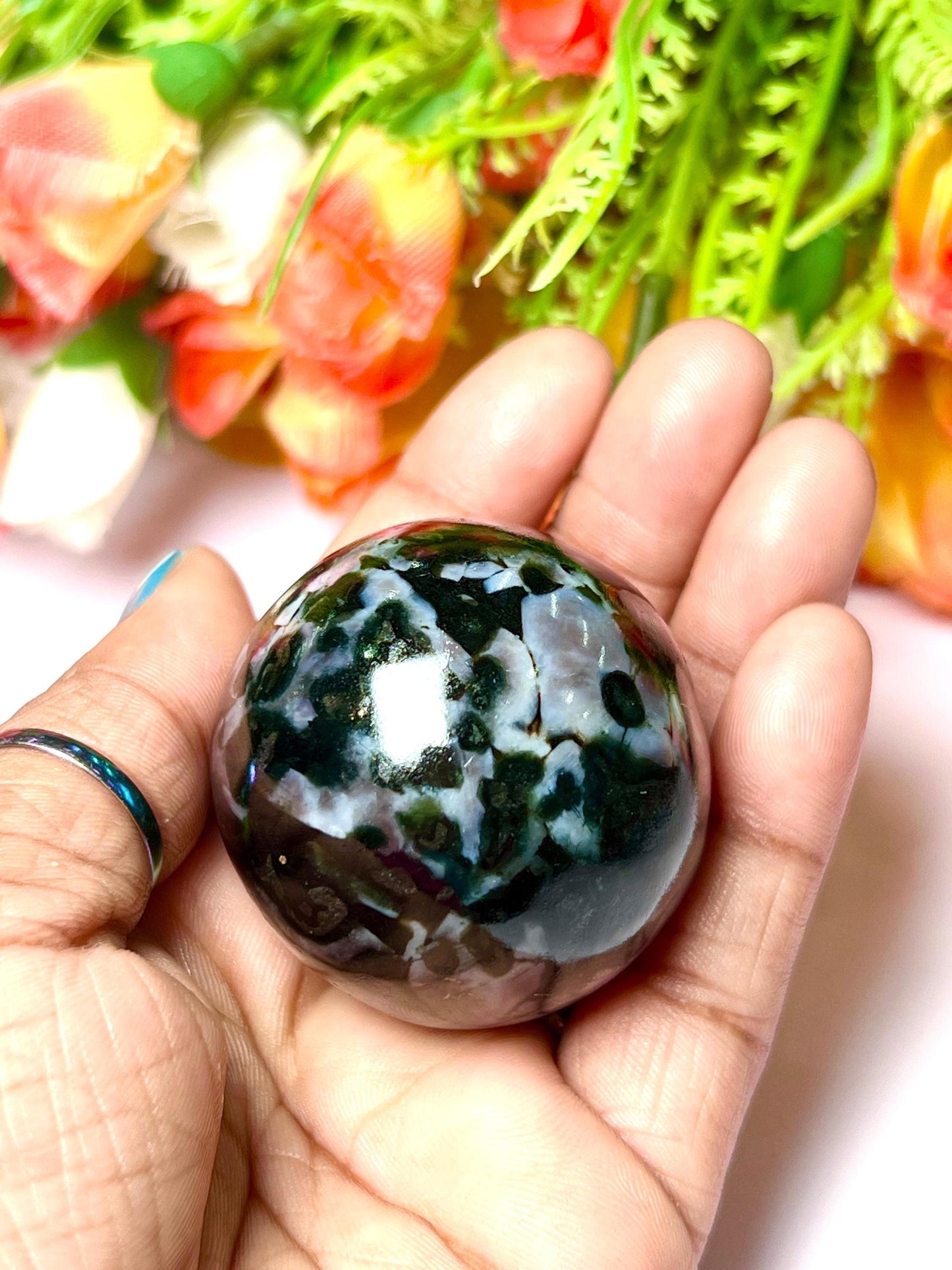 Indigo Gabbro / Mystic Merlinite Stone Sphere 40 MM Crystal Ball Orb Pocket Stone Meditation Space Crystal Grid With wooden Stand