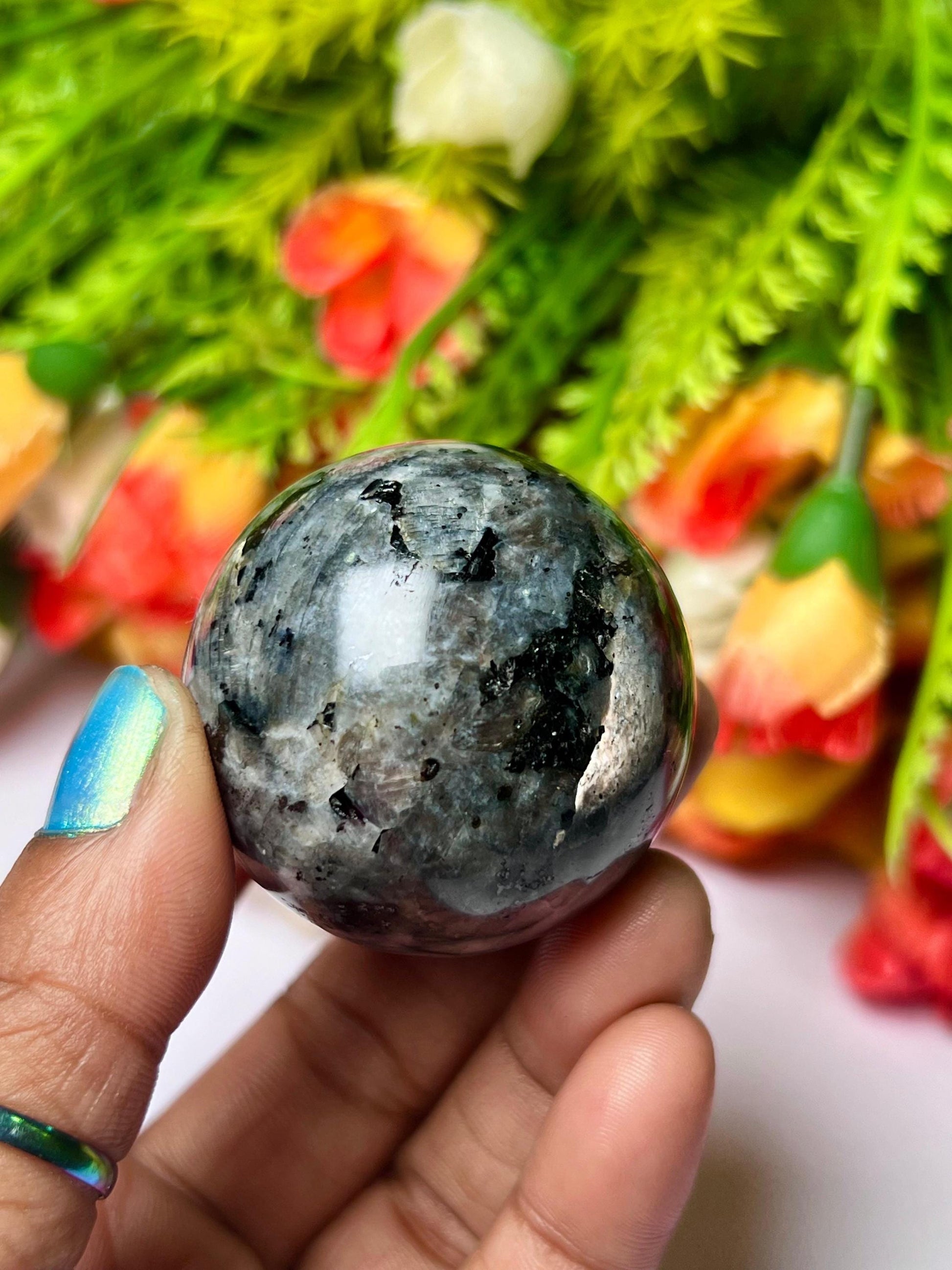 Larvikite Stone Norwegian Labradorite Sphere 40 MM Crystal Ball Orb Pocket Stone Meditation Space Crystal Grid With wooden Stand