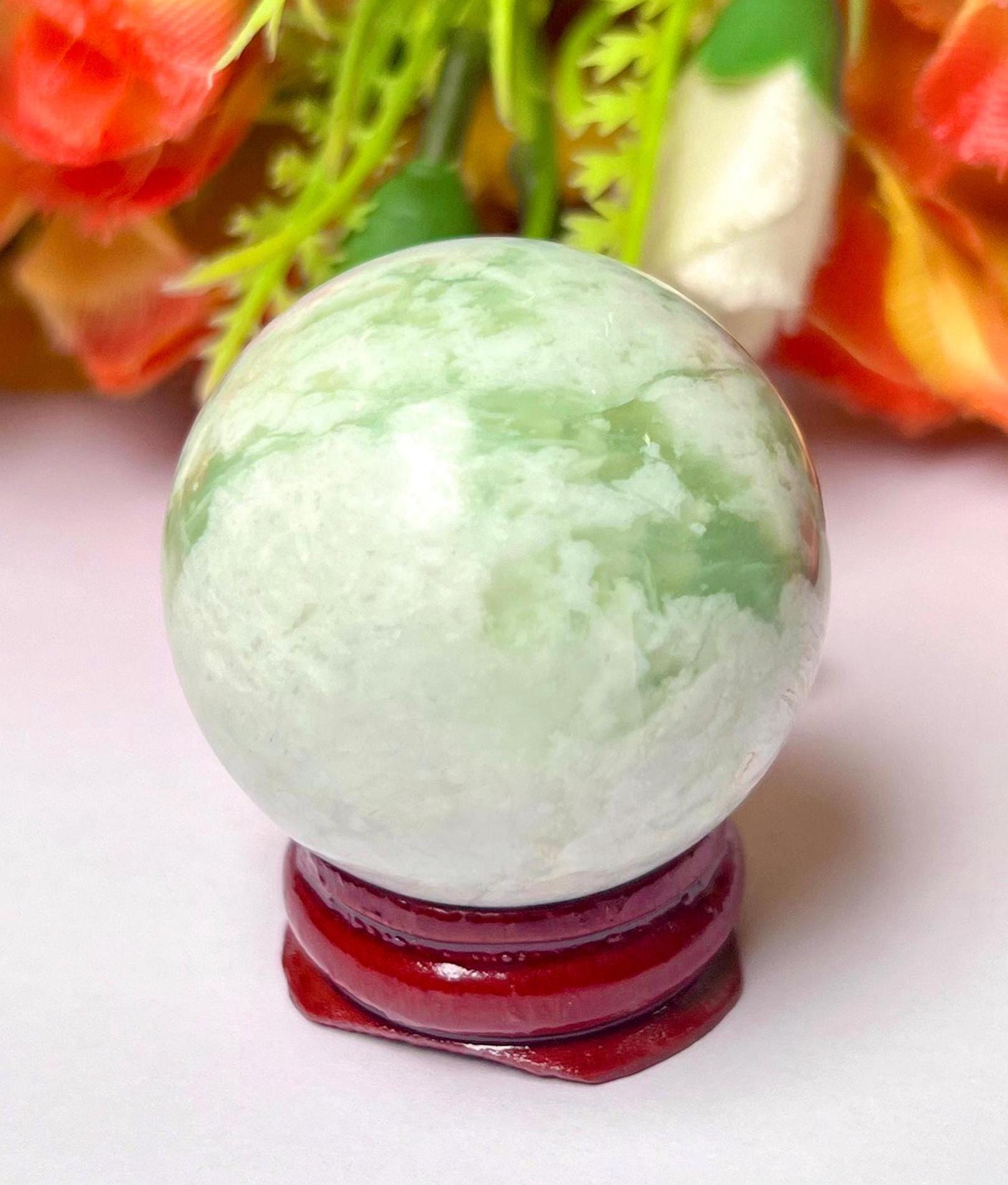 Tremolite Stone Sphere 40 MM Crystal Ball Orb Pocket Stone Meditation Space Crystal Grid With wooden Stand