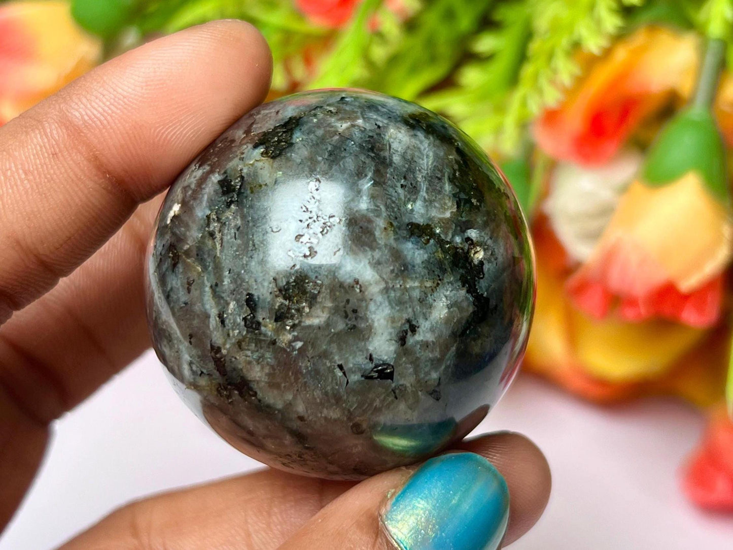 Larvikite Stone Norwegian Labradorite Sphere 40 MM Crystal Ball Orb Pocket Stone Meditation Space Crystal Grid With wooden Stand