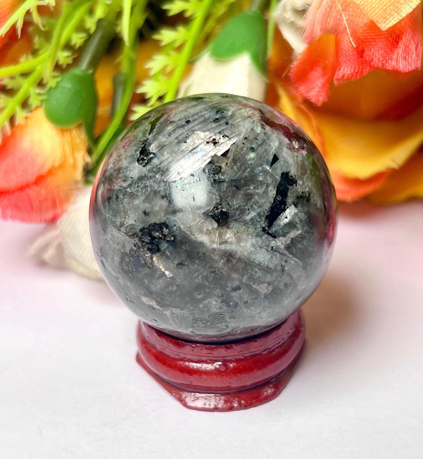 Larvikite Stone Norwegian Labradorite Sphere 40 MM Crystal Ball Orb Pocket Stone Meditation Space Crystal Grid With wooden Stand