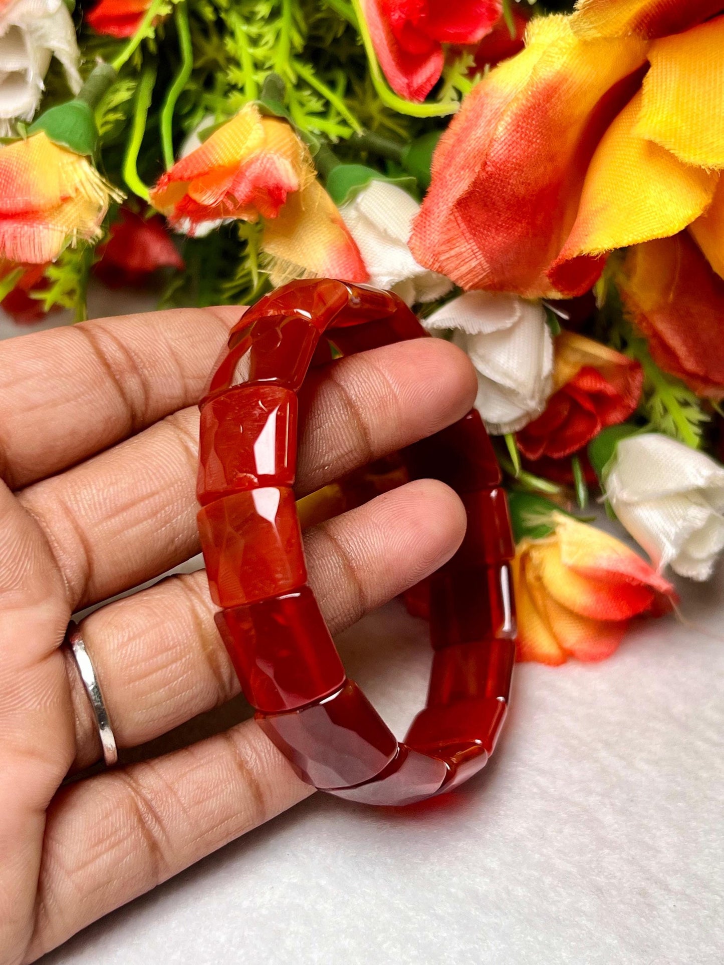 15 MM Carnelian Stone Rectangle Shape Bracelet l Stretchable Bracelet