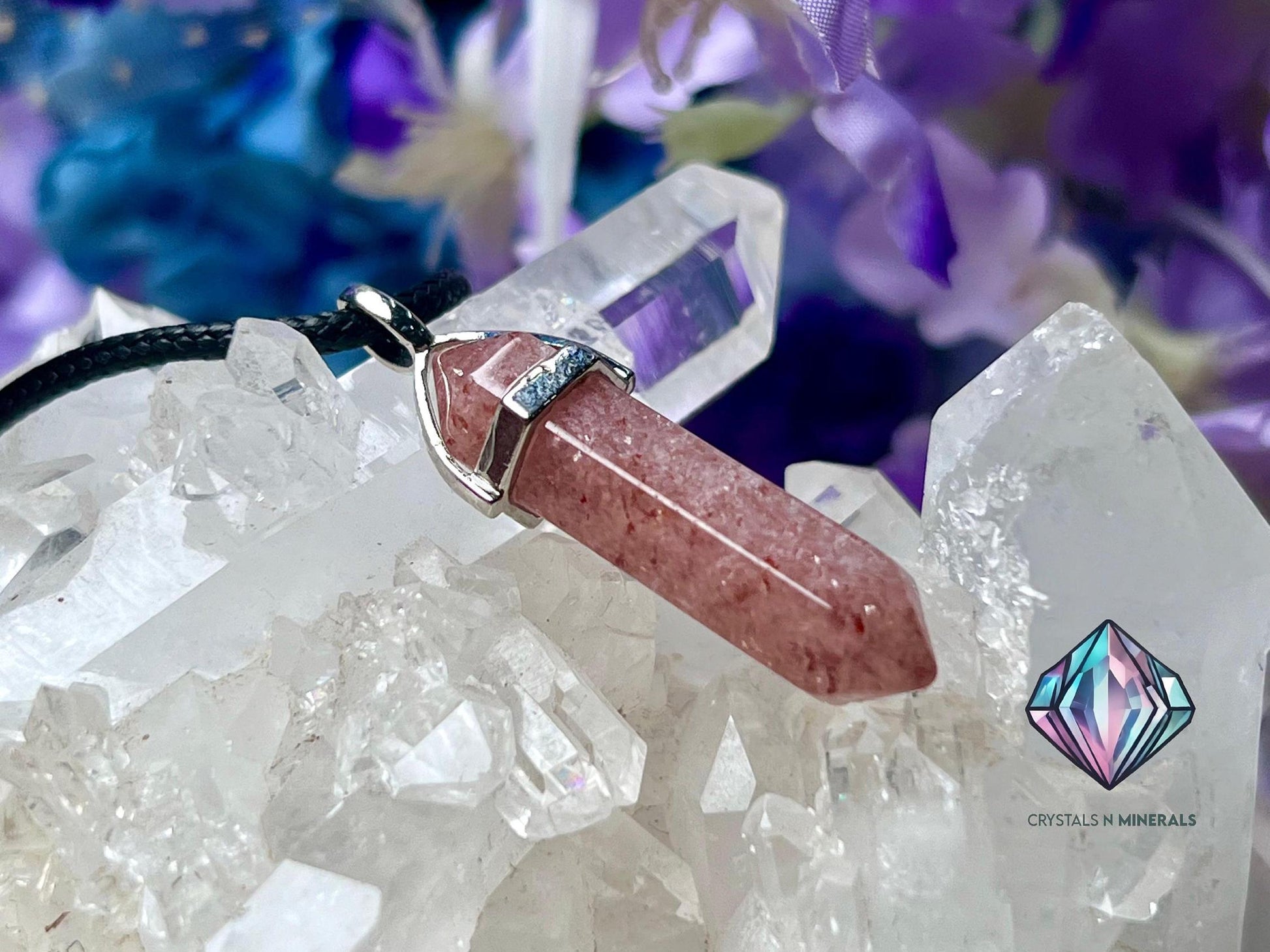 Strawberry Quartz Stone Double Point Pencil Pendant with Black Cord